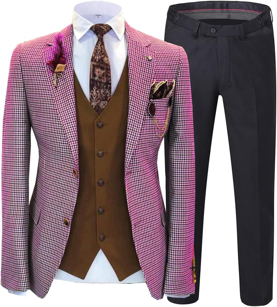 Men Party Tuxedo Jacket Vest & Pant 3 Pieces Houndstooth Dogstooth Retro Plaid Check Notch Lapel Blazer Prom Suits