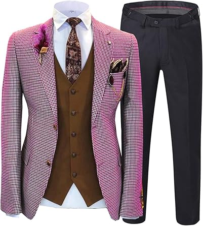 Men Party Tuxedo Jacket Vest & Pant 3 Pieces Houndstooth Dogstooth Retro Plaid Check Notch Lapel Blazer Prom Suits