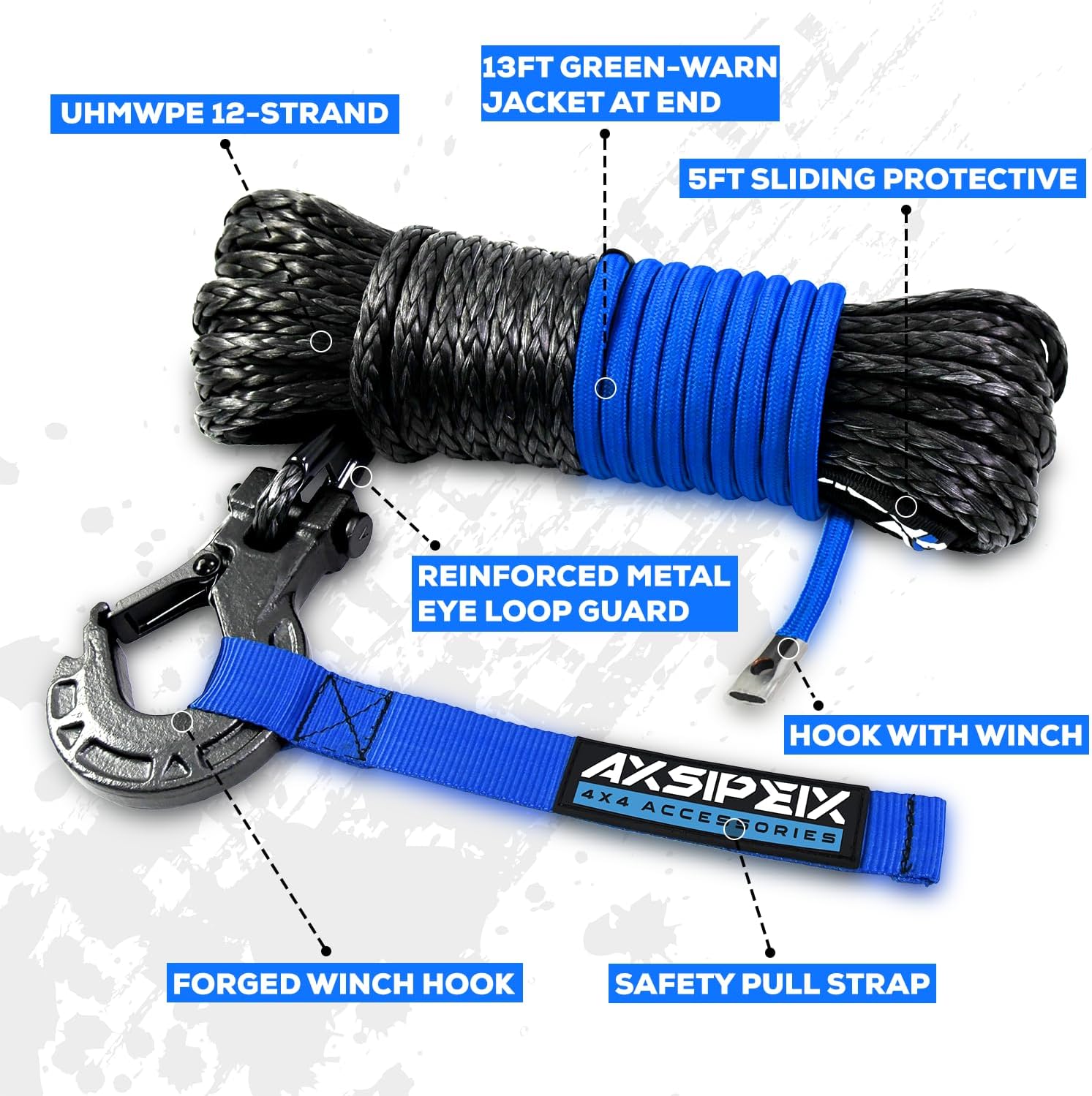 Synthetic Winch Rope Kit, 3/16" x 50ft 8500LBS Blue+Black Winch Cable with Protective Sleeve, Forged Winch Hook, Rubber Stopper and Safety Pull Strap for ATV UTV
