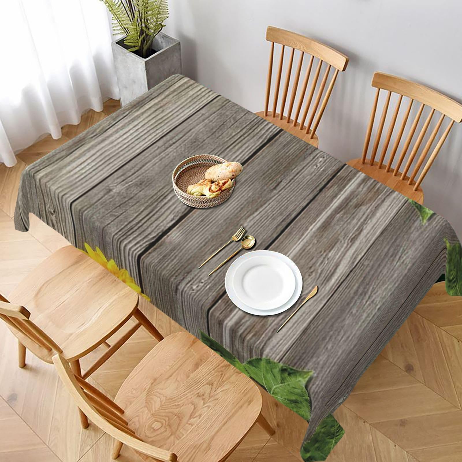BNVSADC Sunflowers Wooden Board Printed Rectangle Tablecloth 228x152 CM, Water Resistant Polyester Table Cloth Decorative Fabric Table Covers for Kitchen Dining Table Parties Camping