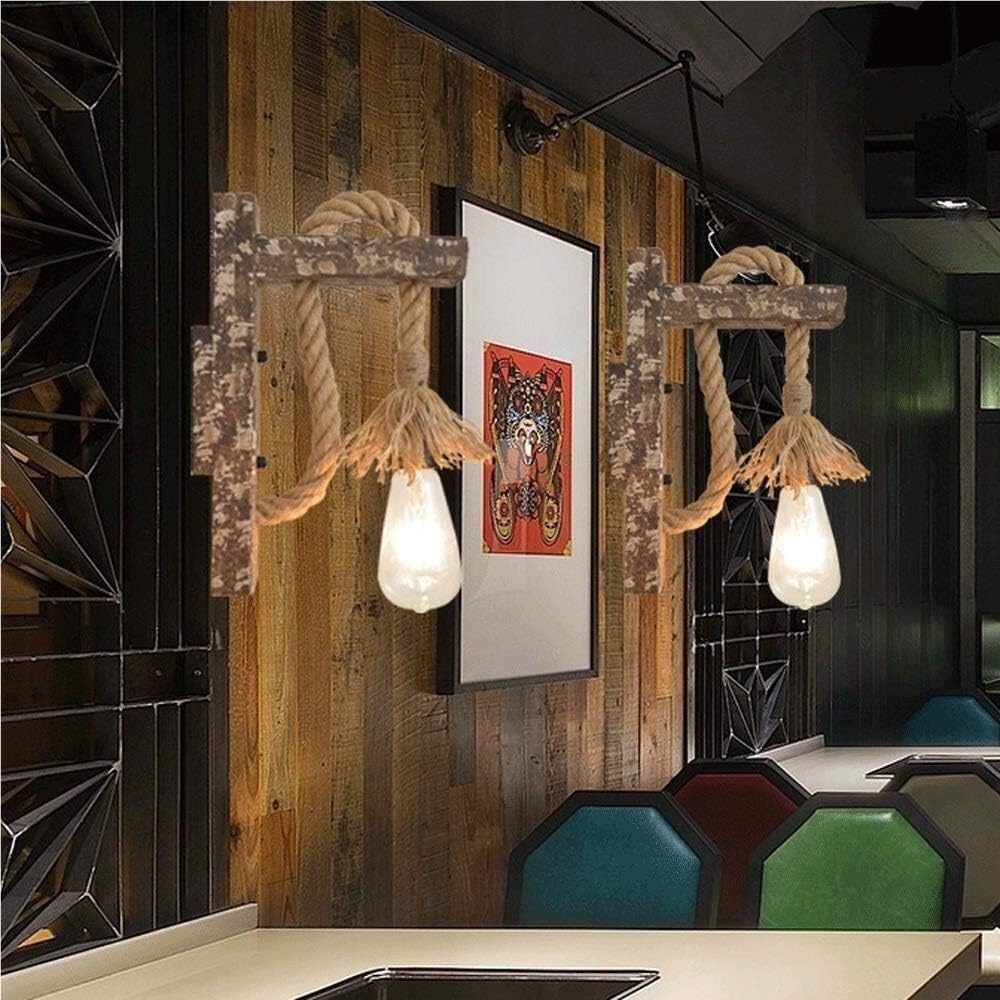 Lampa ścienna do sypialni, drewniana lampa przemysłowa z liny konopnej, retro styl wiejski, gniazdo E27, idealne na strych, kawiarnię, bar, restaurację lub sypialnię.