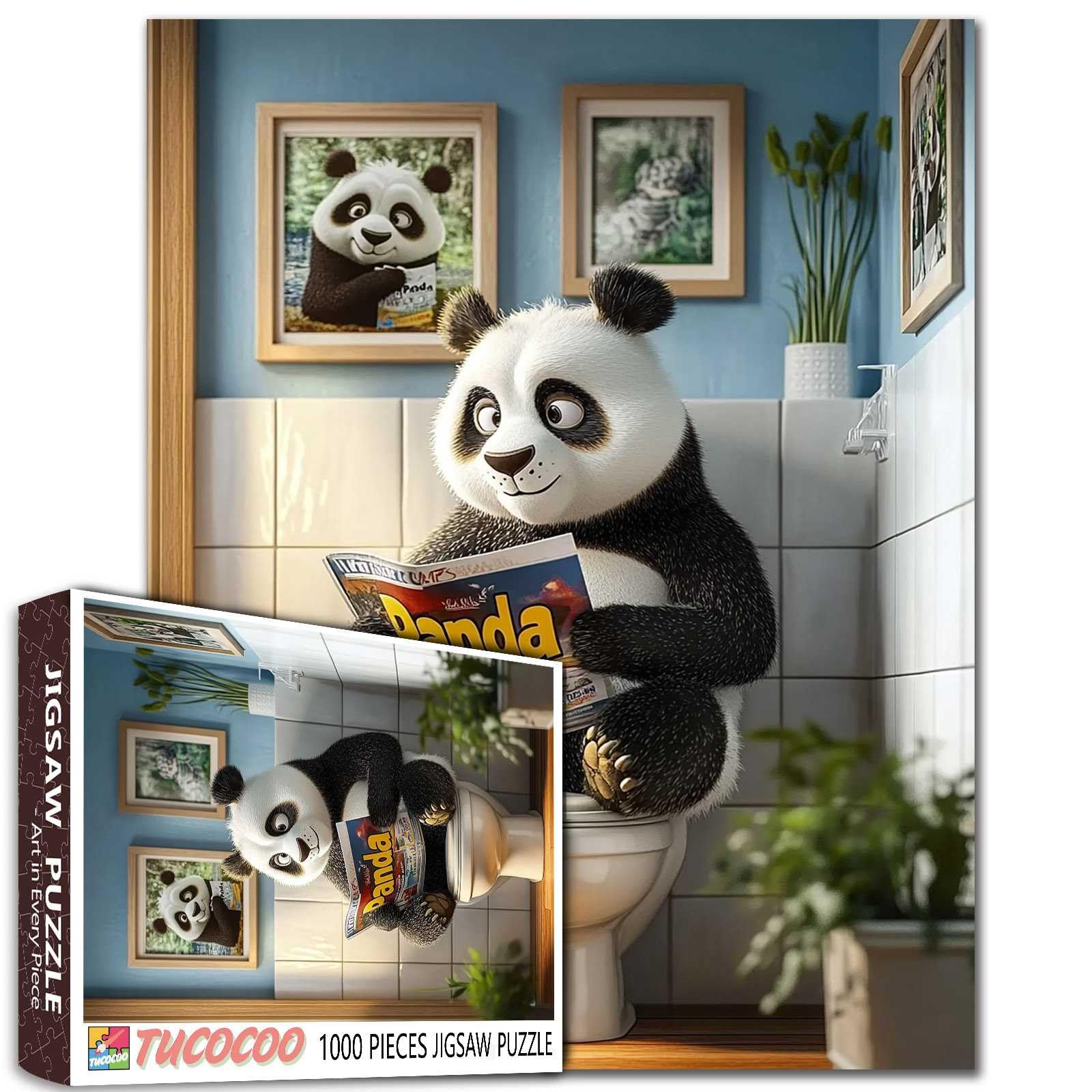 Panda in Bathroom 1000 Piece Puzzle Green Plants 27x20 Inches Colorful DIY Puzzles for Home Decoration Gifts Family Puzzle Perfect for Game Nights โ image 1