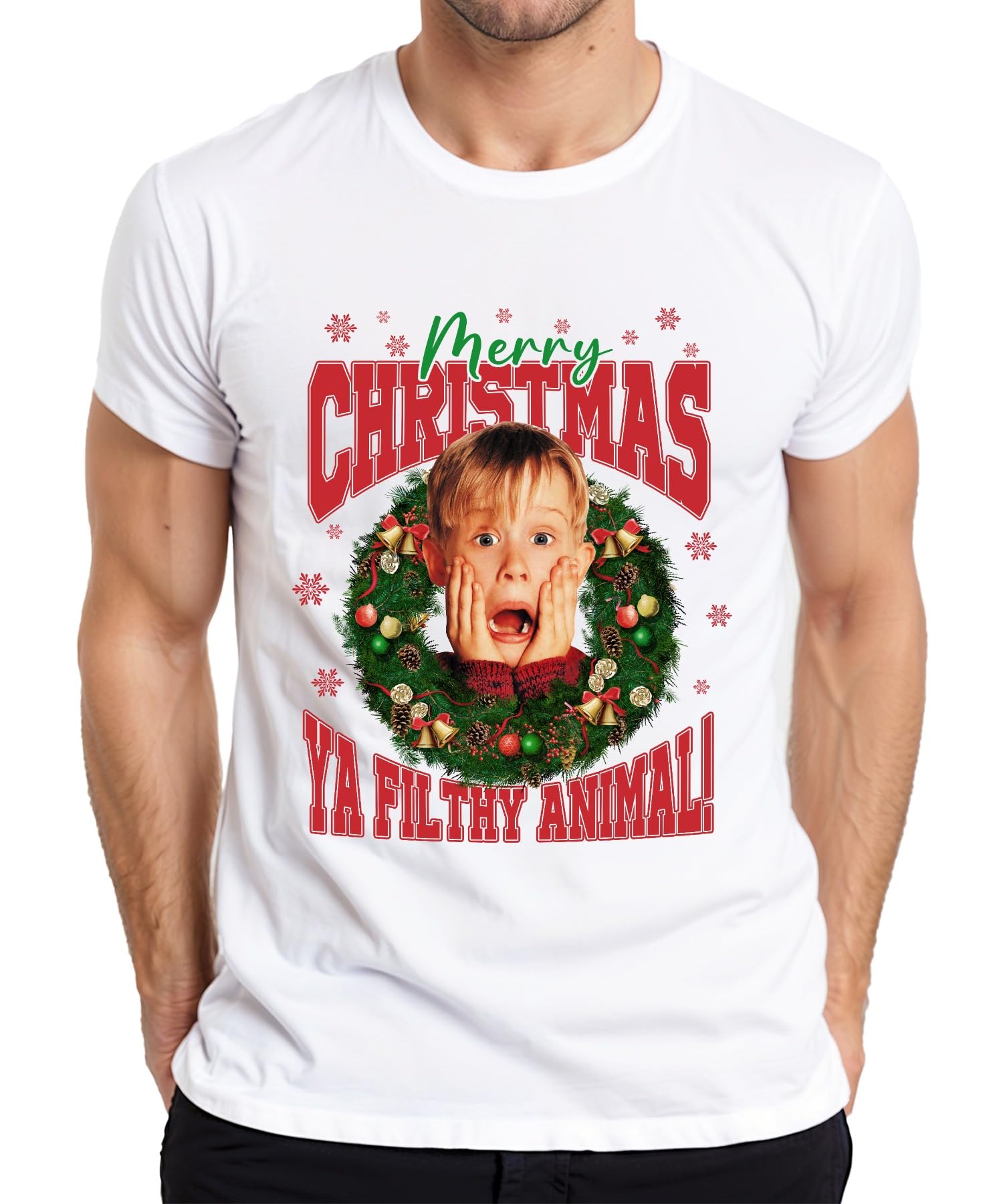 Printera Men's White Merry Christmas Ya Filthy Animal Kevin Mccallister Home Alone Christmas Xmas T-Shirt, M