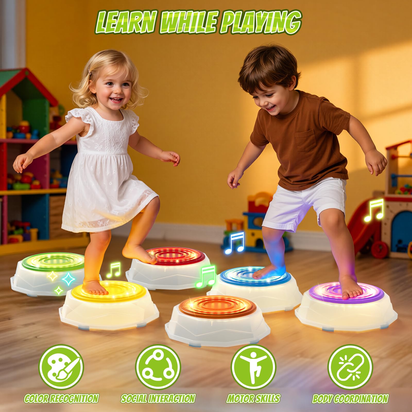 Jeu d'équilibre 11 dalles de motricité carrées empilables antidérapantes pour enfants – ComfortXL Outdoor Living - Gamm vert