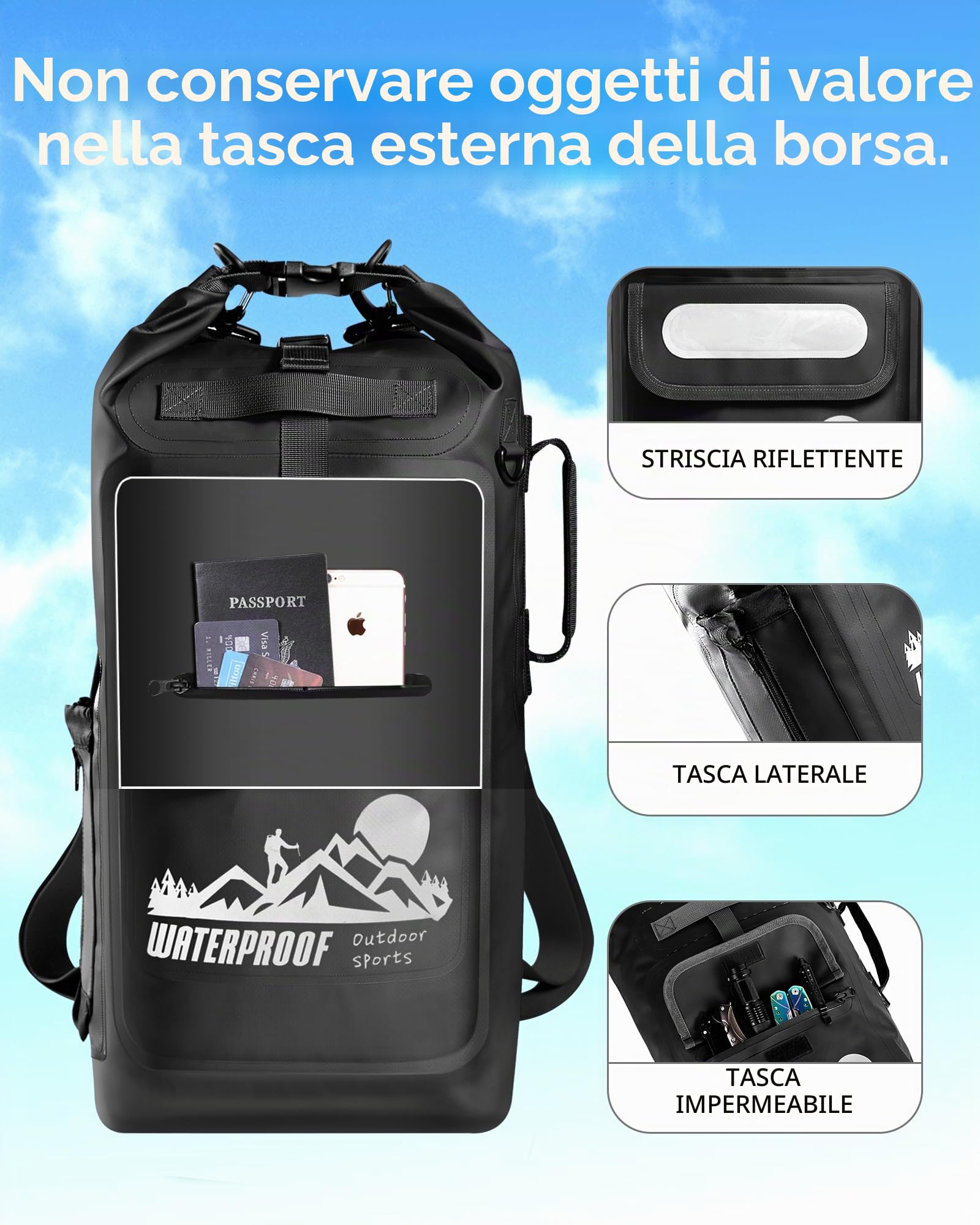 IDRYBAG Zaino Impermeabile Sacco Secco Galleggiante 20L/30L/40L, Sacchi Impermeabili per Zaino per Uomini, Sacco Secco Impermeabile per Kayak