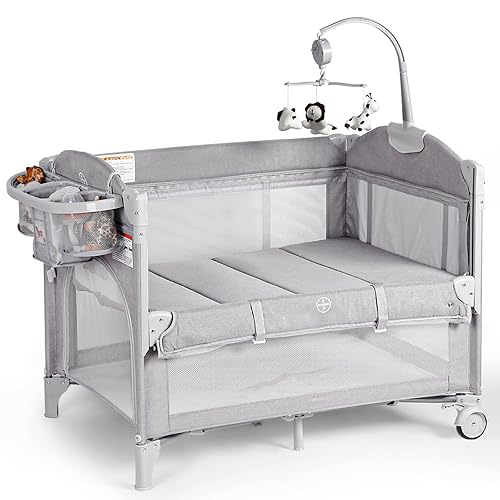 Baby Bassinets Bedside Sleeper, 4 in 1 Portable Bedside Crib w/Mattress, Diaper Changer, Storage Basket, Music Box, Carry Bag, Foldable Playard