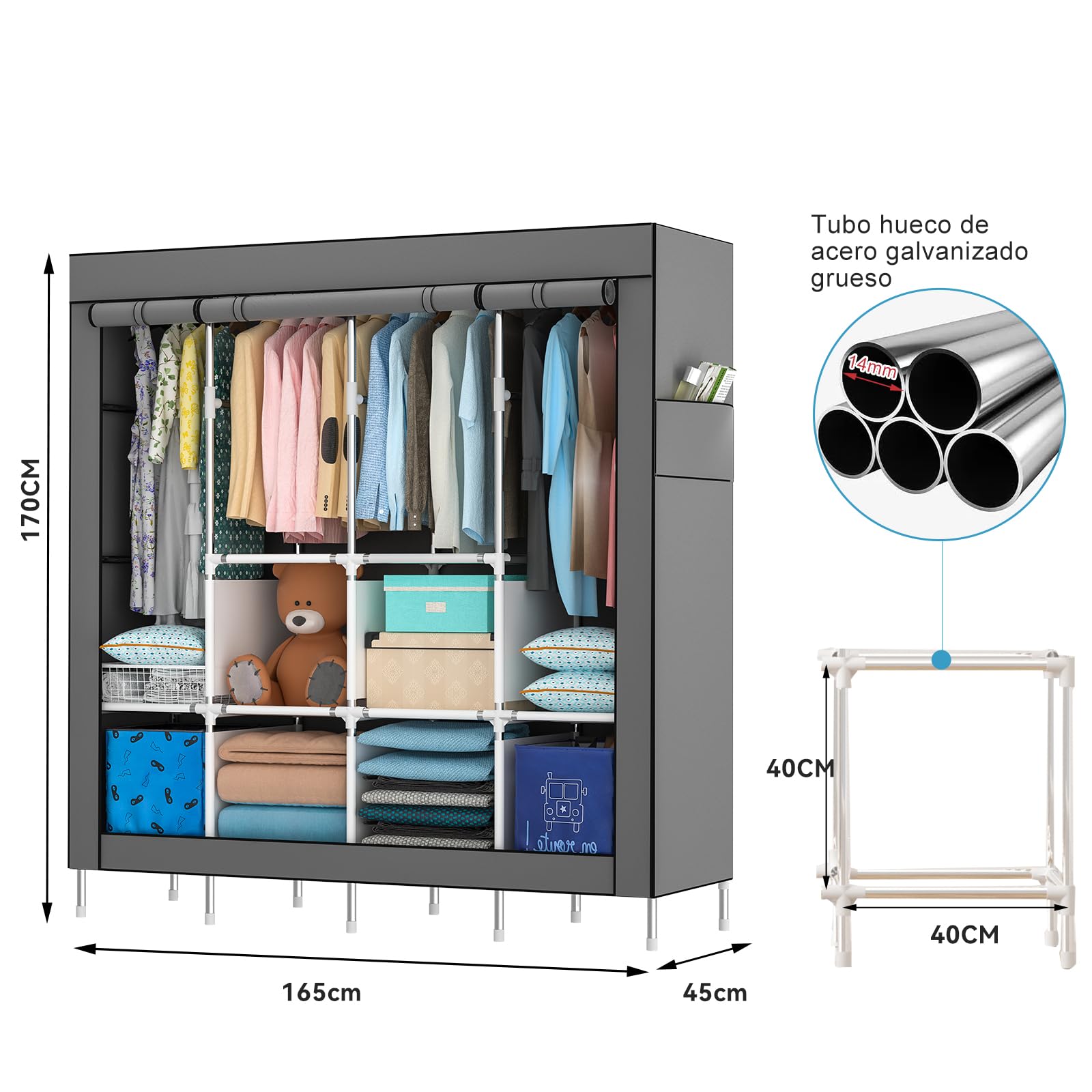 Mihoho Armario portátil de 170 cm para Colgar Ropa, Organizador de Ropa de Metal, Armario Independiente con Funda de Tela Oxford Negra, 165 cm x 170 cm x 45 cm (Gris, Extra Grande)