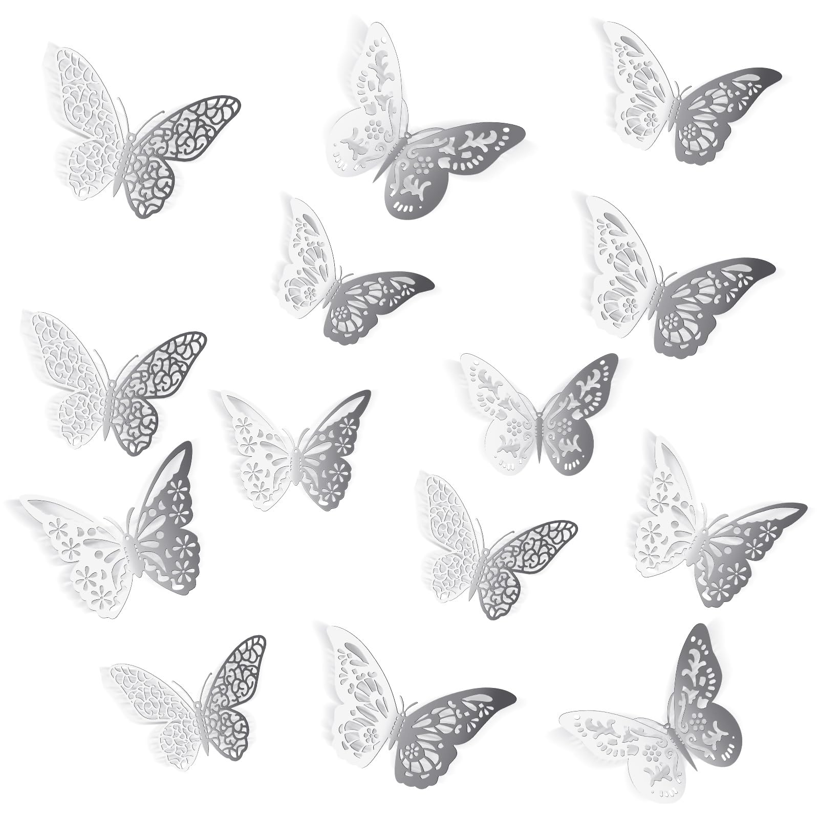 48 PCS Butterfly Decorations, Butterflies 3D Wall Decor, 4 Styles 3 Sizes Butterfly Cake Decorations for Crafts, Bouquet, Cake Decorating, Flower Arrangements, Room Decor, Silver