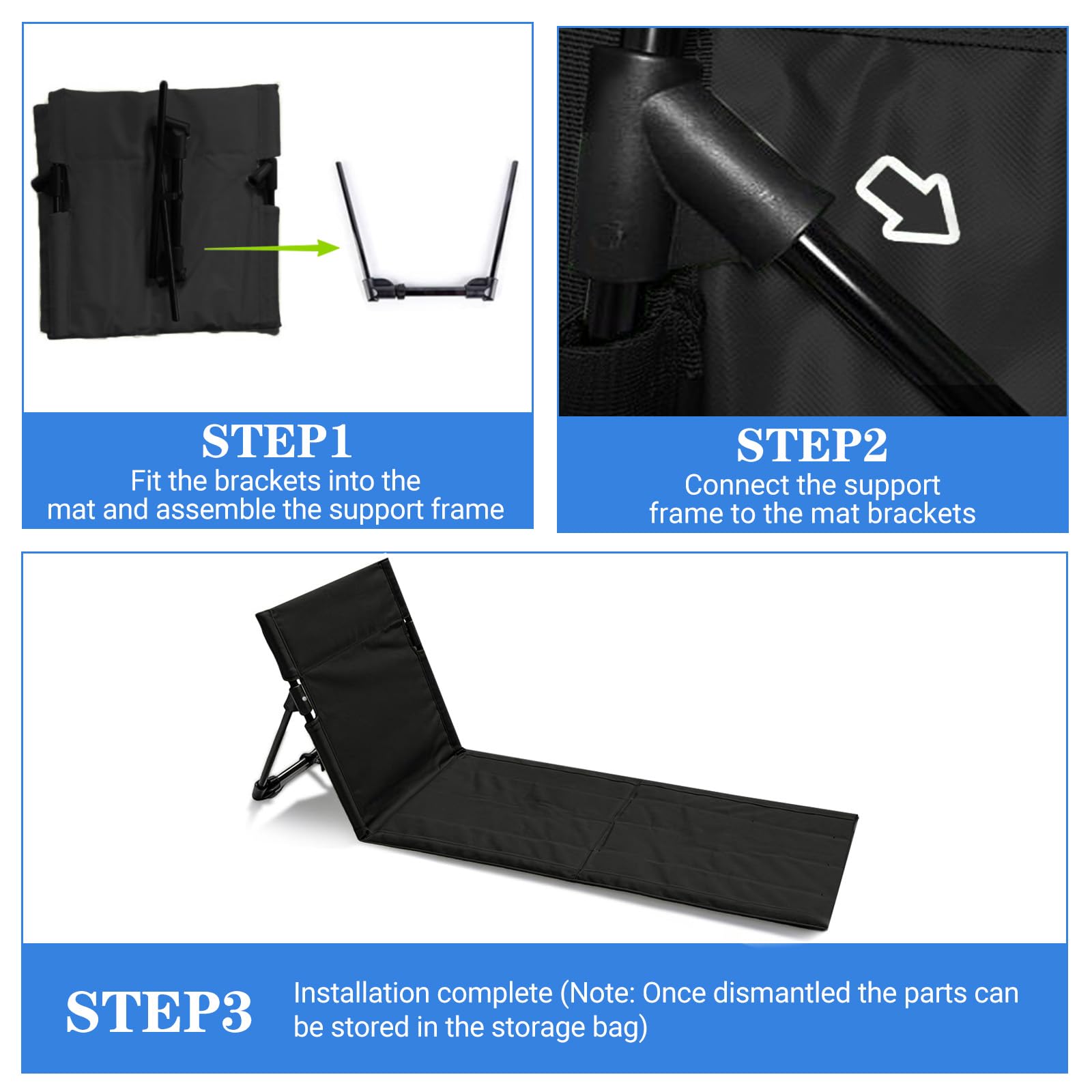 Strandmatte mit Rückenlehne, Klappbare Liegematte mit Rückenlehne, Strandliege Faltbar Leicht, Strandsitz mit Aufnahmebeutel, Bodenstuhl Outdoor für Camping, Strand, Reisen (Schwarz, Lange)