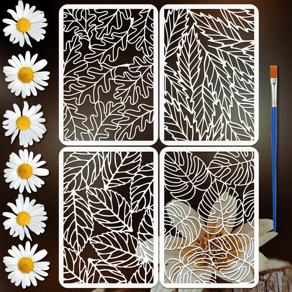 FINGERINSPIRE 4PCS Leaf Stencils 21x29.7cm with a Brush Leaf Texture Painting Stencil Nature Theme Drawing Template Reusable PET Plant Stencils for Home Wall Decor Furniture Craft