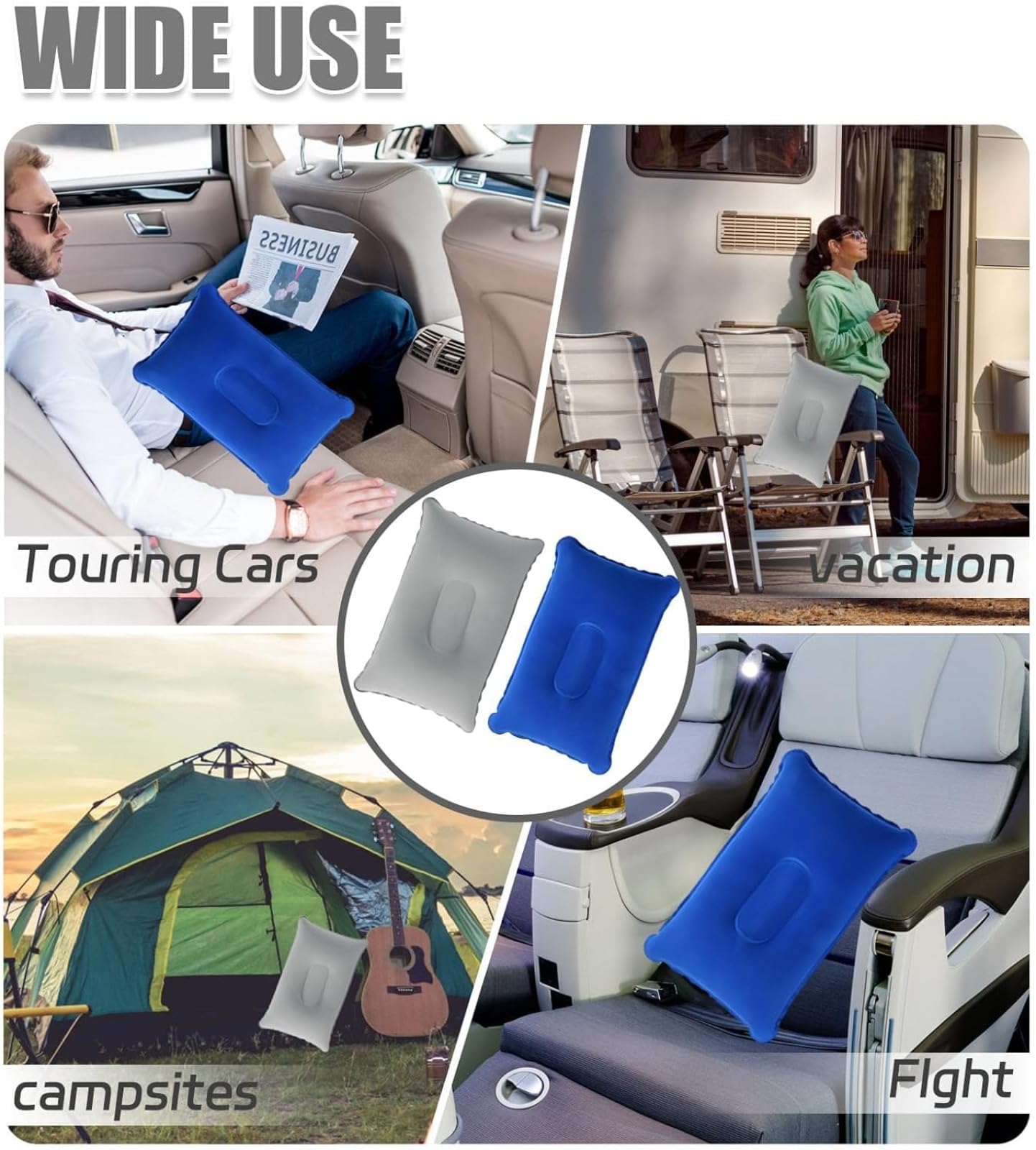 Lot de 2 coussins gonflables doux floqués pour le camping, les voyages, la pêche, résistant à l'eau, portable pour la plage, la voiture, l'avion, le bureau