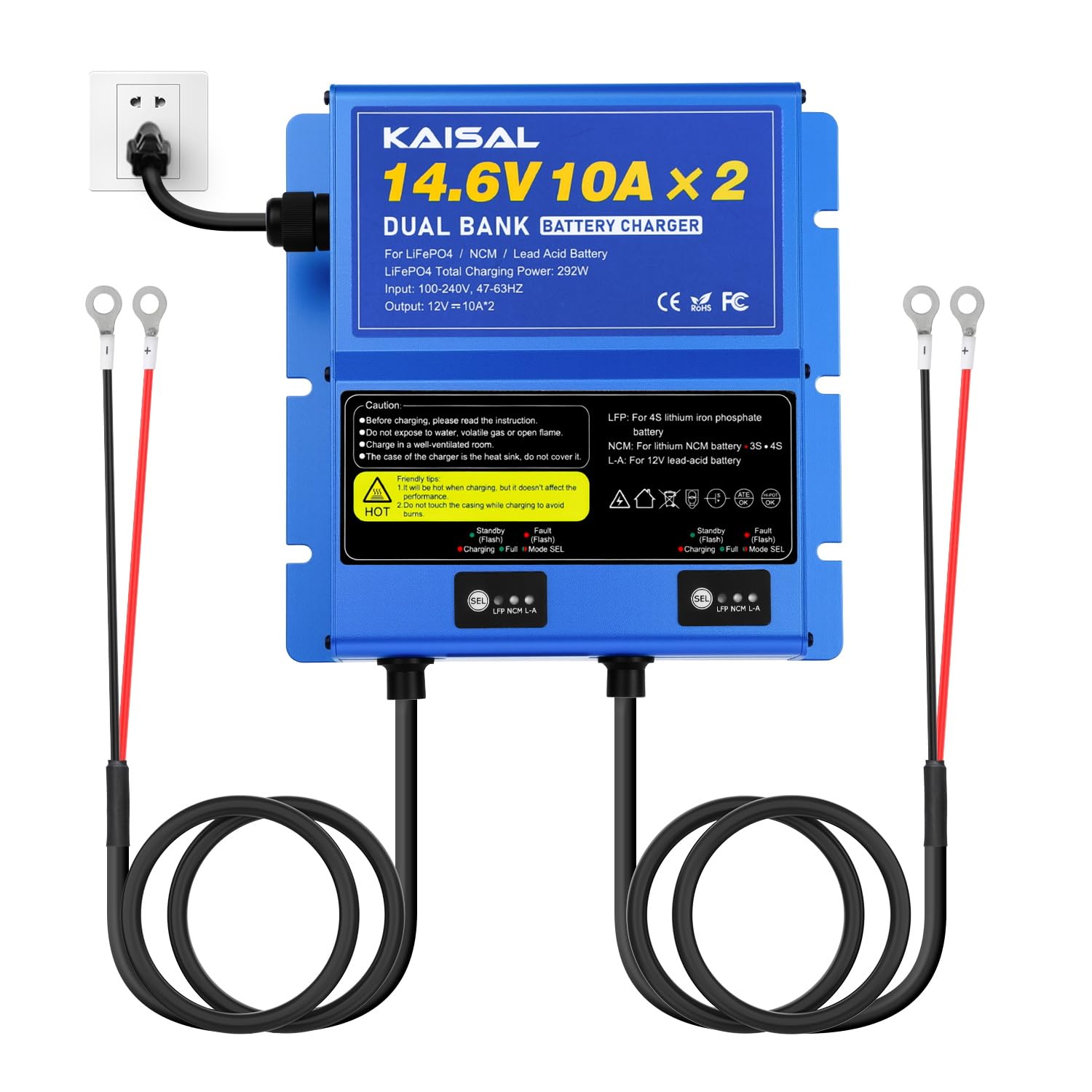 2 Bank Marine Battery Charger 12V 20A(10A/Bank) IP67 Waterproof 14.6V LiFePO4 &amp; Lead-Acid &amp; NCM Lithium Battery Charger 12 Volt 0V Wake Up 12V Charger, Onboard Charger for Boat, Car,RV, Trolling Motor