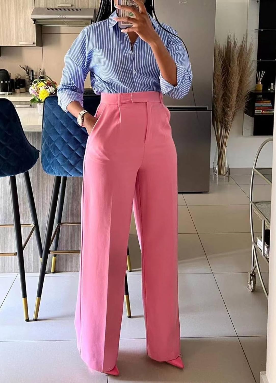 Women High Waist Wide Leg Dress Pants Straight Leg Business Work Slacks Casual Button Down Office Trousers with Pockets - Image 3