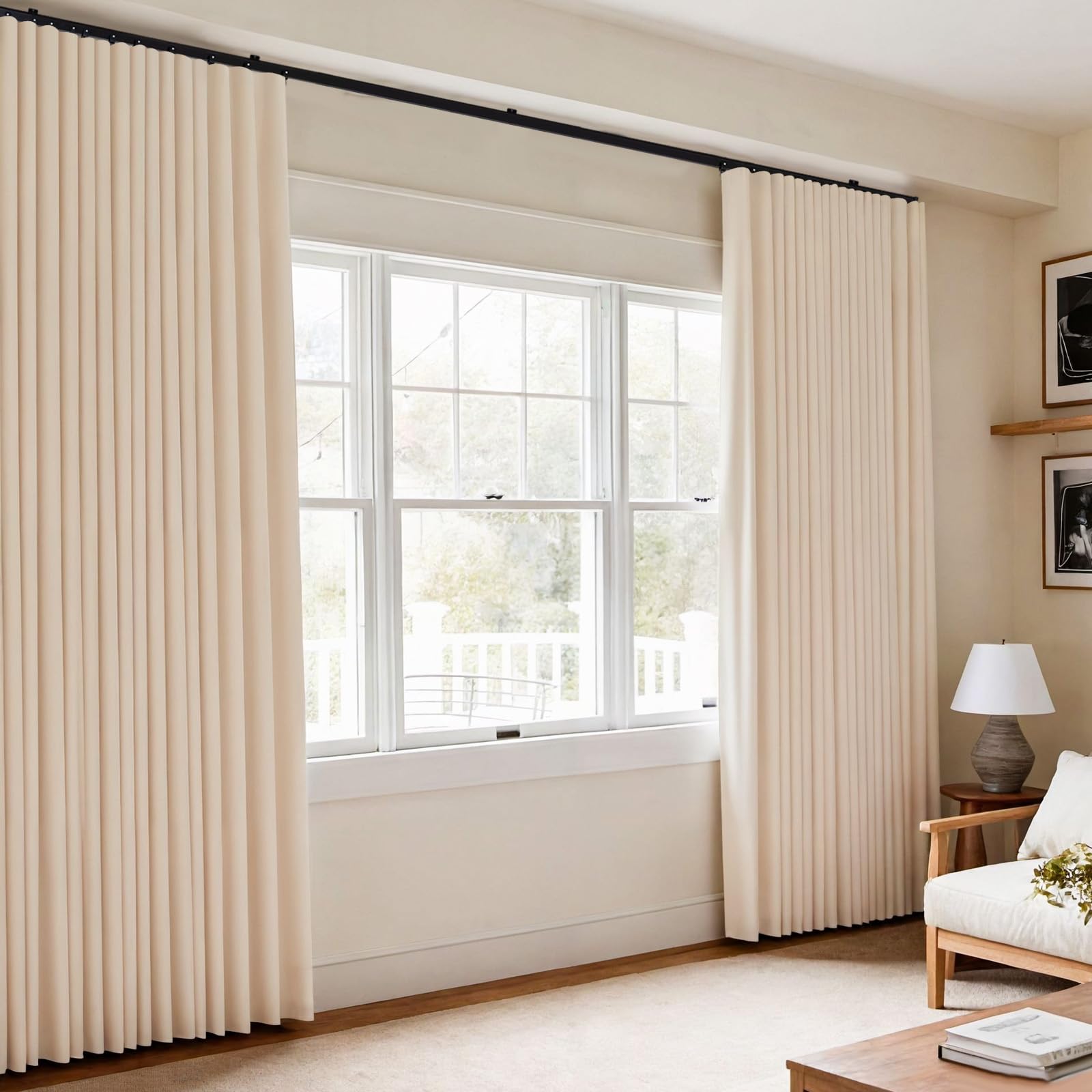 Cortinas opacas divisoras de habitación, cortinas de techo, juego de rieles flexibles, cortinas de ventana para sala de estar, 1 panel, cortina beige y juego de rieles negros (72 pulgadas de ancho x