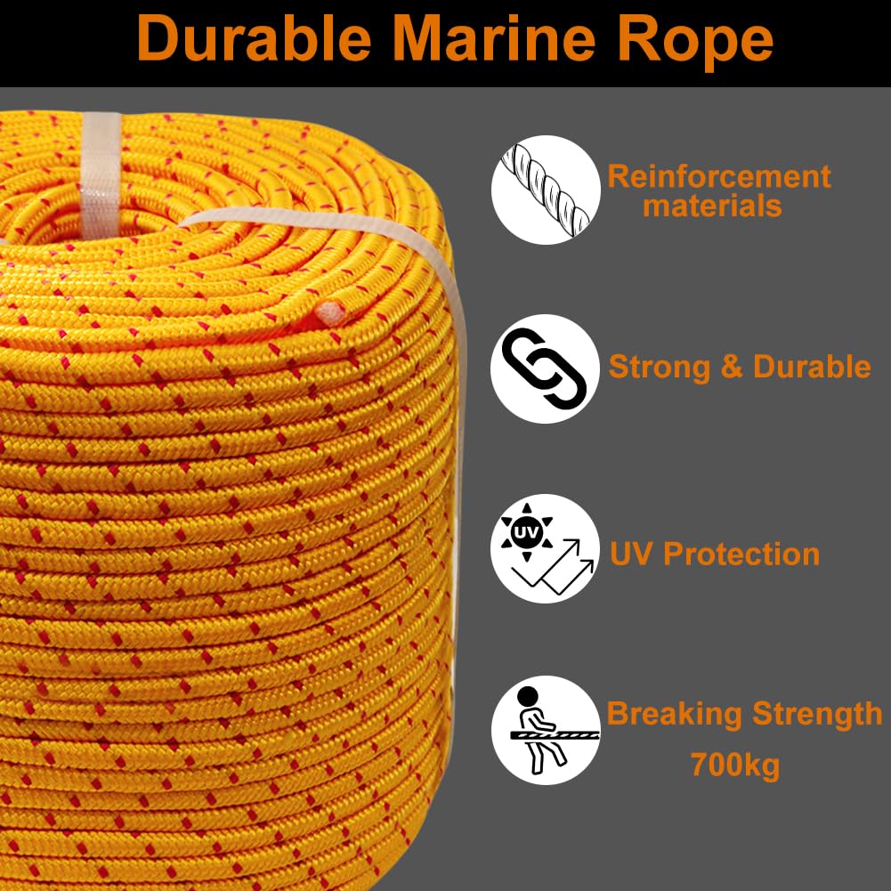 BeGrit 100M Corda Galleggiante Multifunzione Paracord 8 mm Giallo per Barca | Corda di Sopravvivenza con Moschettone con Ghiera a D in Alluminio per Barca da Campeggio Tenda Sport Fune Outdoor Arancione