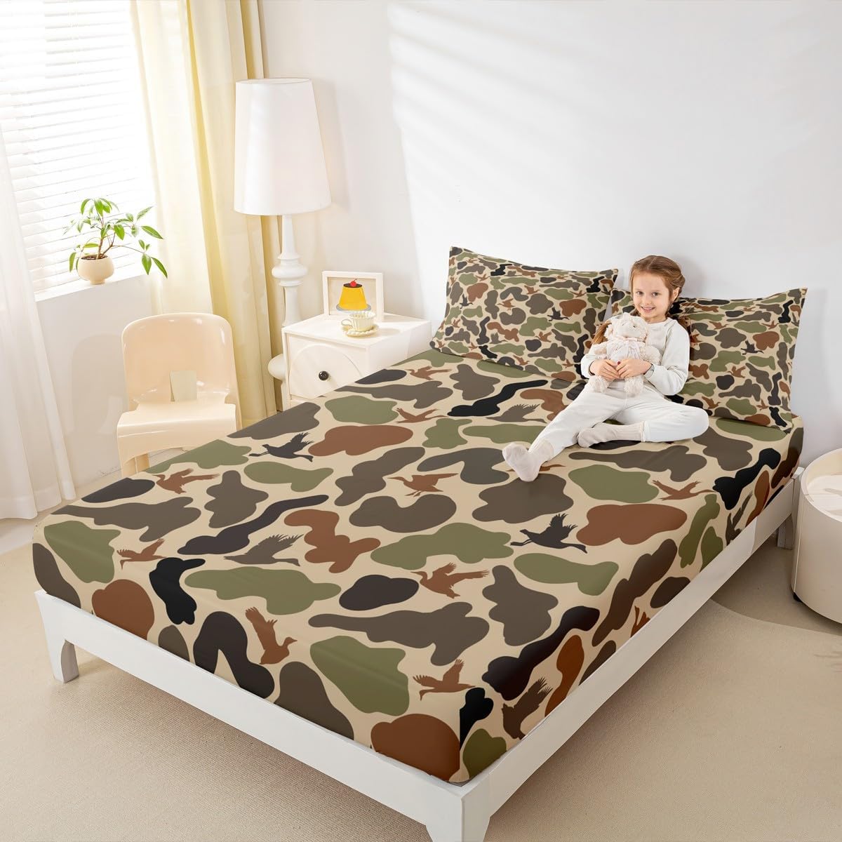 Army Green Camo Fitted Sheet Twin Size,Duck Silhouette Bed Cover for Kids Teens Men Adult Room Decor,Hunting Camouflage Brown Bedding Set 2Pcs,Hunt Wild Animals Deep Pocket Sheet,1 Pillowcase