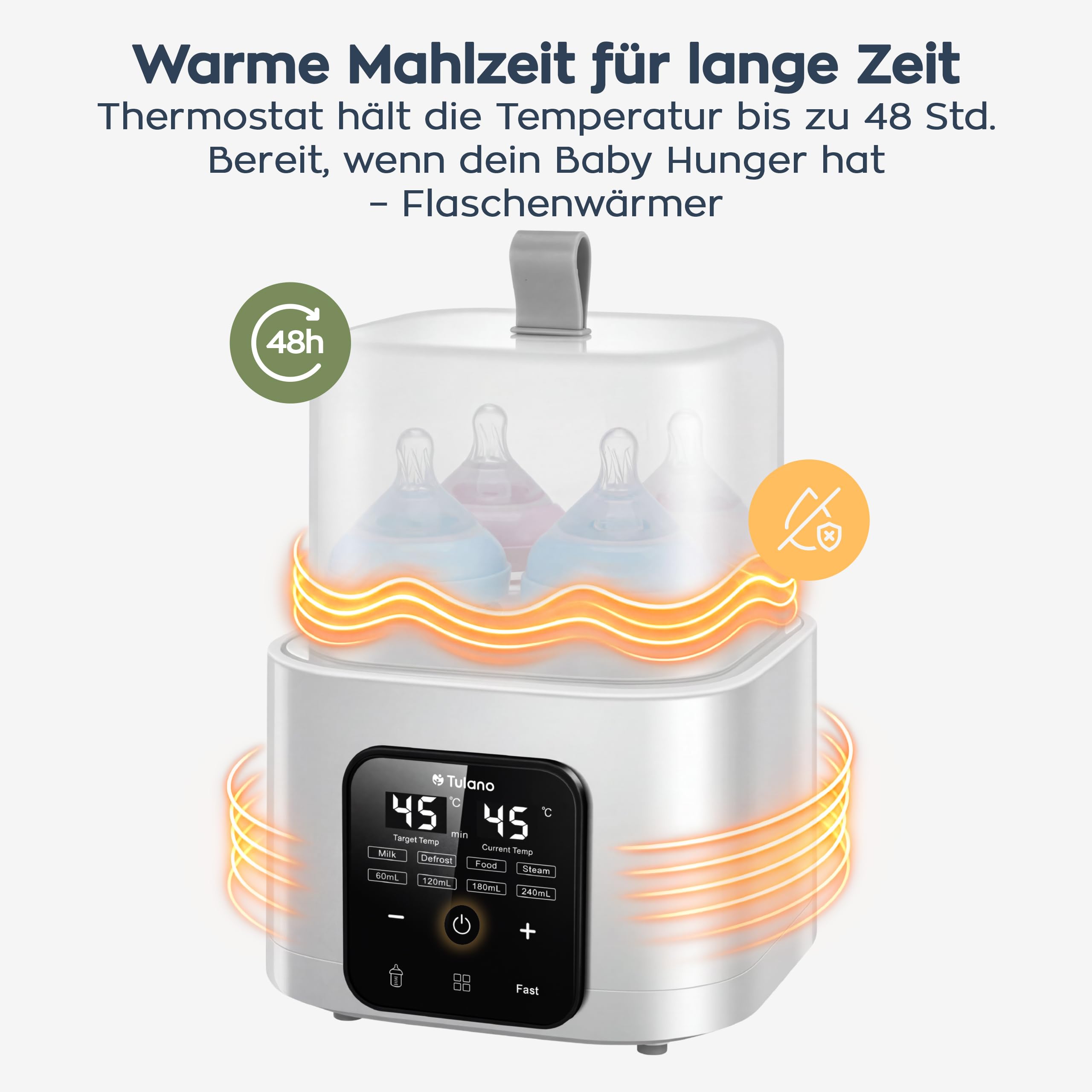 Tulano Ellie 55 8in1 Babykostwärmer mit LCD, Flaschenwärmer Baby, BPA-frei | Sterilisator für Babyflaschen und Fernbedienung – für 4 Fläschchen 60–240 ml – Auftauen und Warmhalten – Weiß