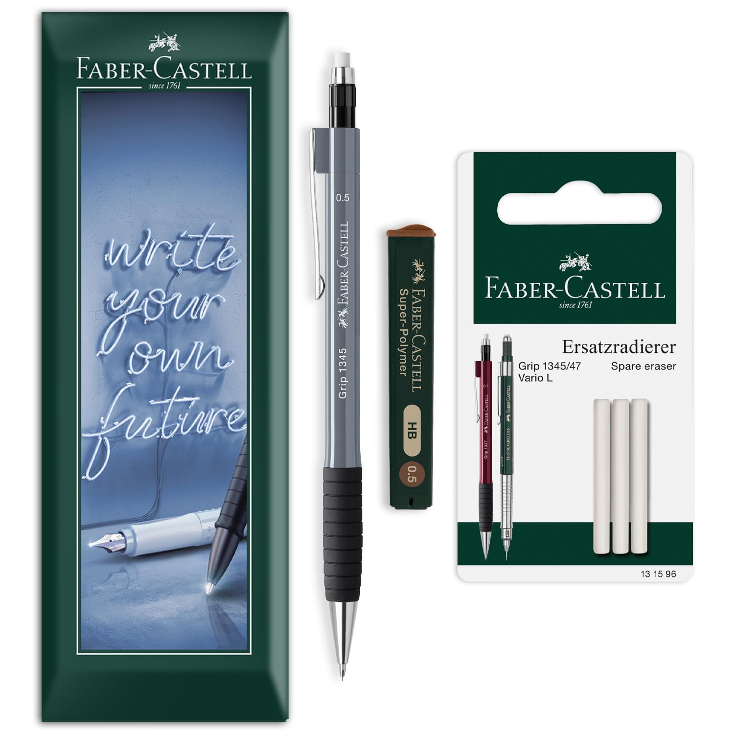Faber-Castell Grip 1345 Mechanical Pencil Set | 0.5mm HB Propelling Pencil with Polymer Leads & Spare Eraser Refills for Writing, Sketching, Technical Drawing & Office Use (Stone Grey)