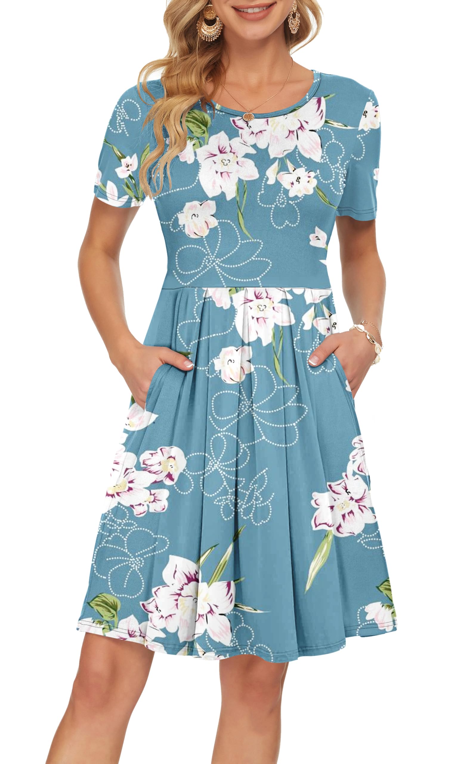 AUSELILY Women's Short Sleeve Summer Dress Pleated Loose Swing Knee Length Dresses with Pockets 2026 New