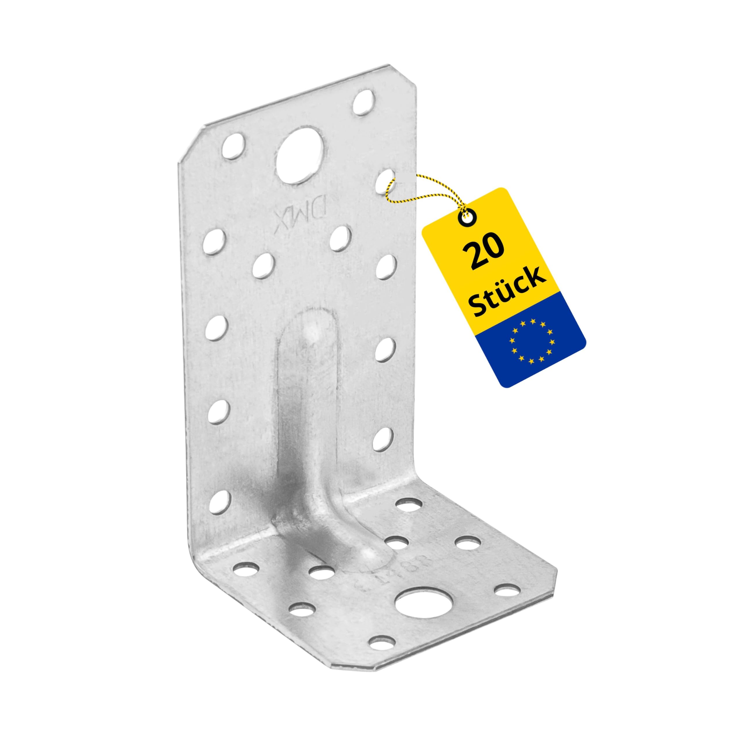 DMX - Schwerlast Winkelverbinder mit Sicke Lochwinkel Bauwinkel Holzverbinder Balkenwinkel Klammern Eckwinkel Möbelverbinder Montagewinkel Verzinkt - KPS - Silber, 90x50x55x1,5 (20 Stk./Verp.)