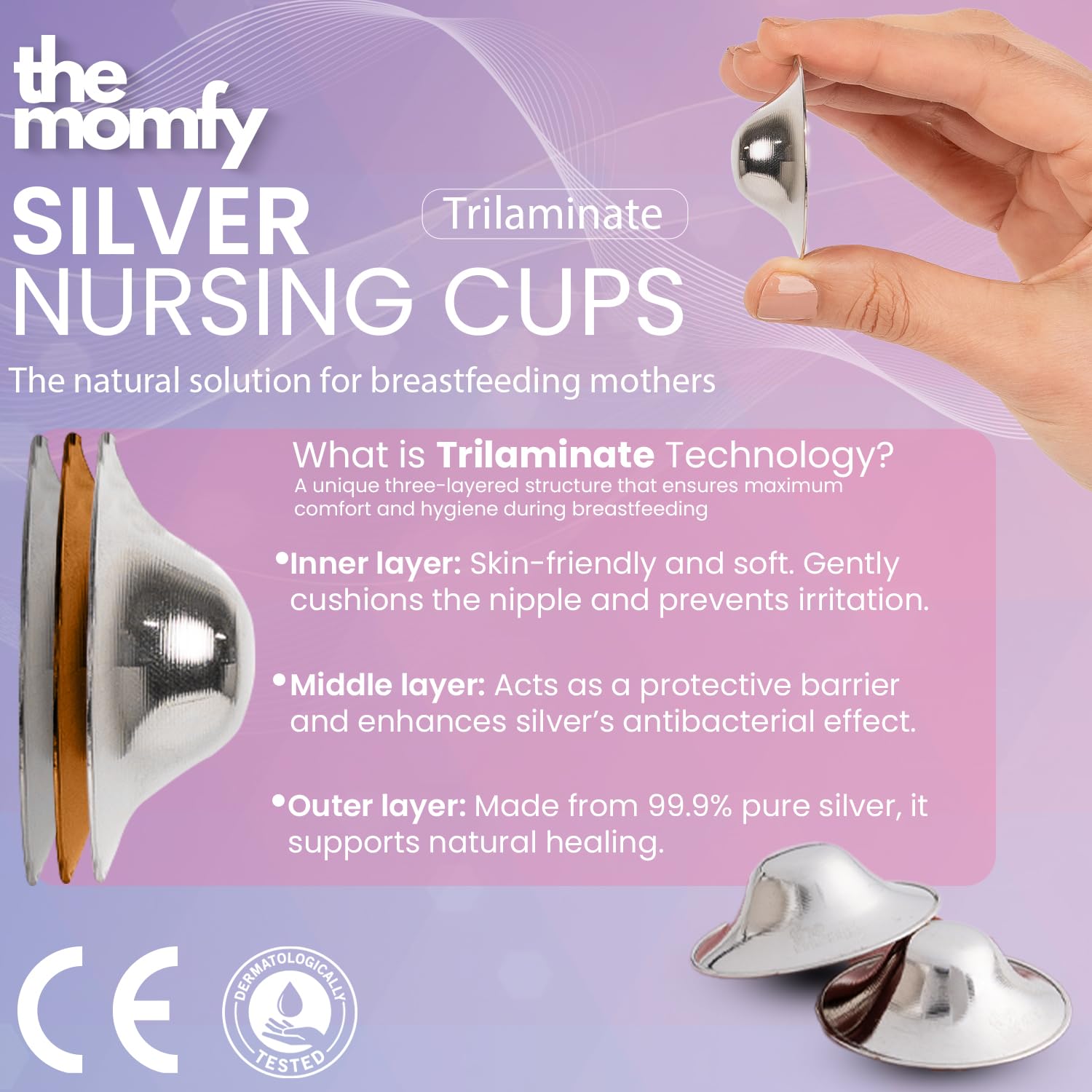 Silver Nursing Nipple Shields - Trilaminated Protective Nursing Cups for Breastfeeding, Nickel Free | Free Storage Pouch - Regular