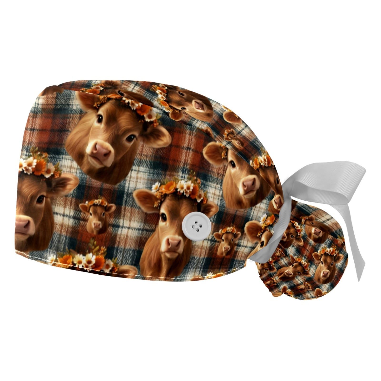 2 PCS Bouffant Cap with Button Ponytail Pouch Working Cap Sweatband Adjustable Surgical Cap Black and White Cow