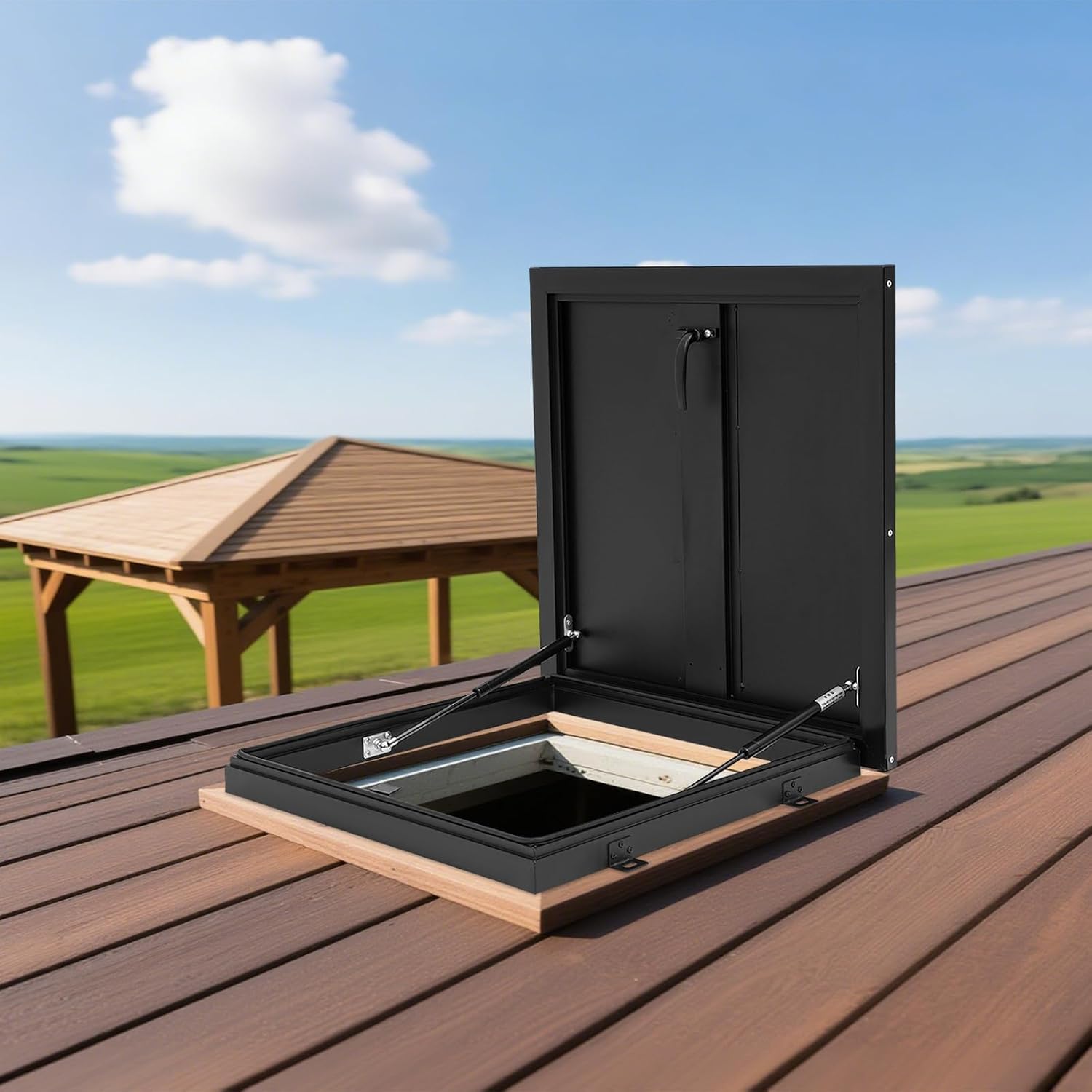 Roof Access Hatch Door, Aluminum Roof Security Door with Switch-Type Handle, Rooftop Hatch Cover Plate for Wellhead Lid, Cellar Cover (21.6" L X 21.6" W-Black)