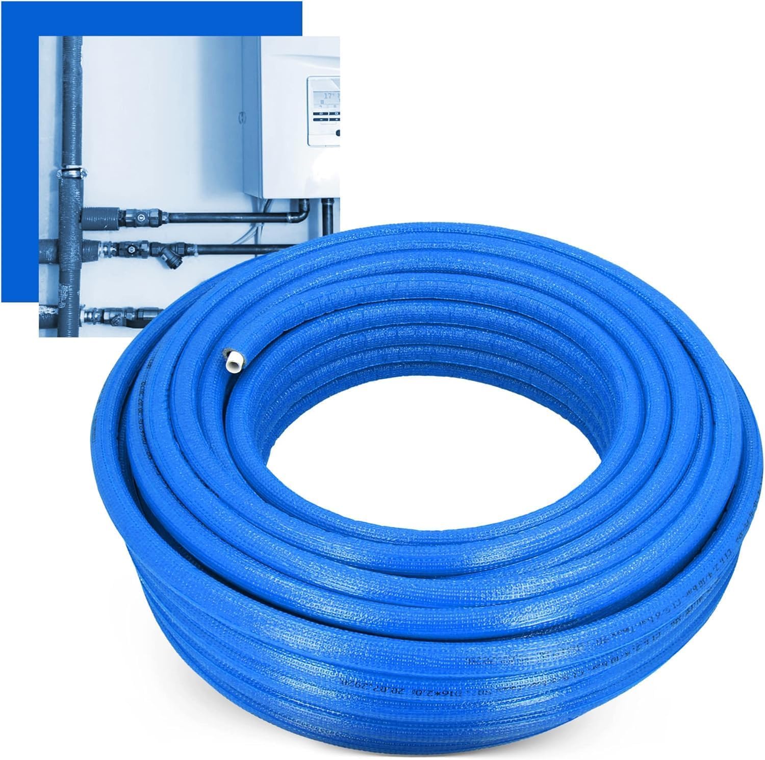 Tuyau PEX/AL/PEX Pré-isolé - Longueur 50 Mètres - Isolation Mousse - Revêtement Polyéthylène - Pour Systèmes de Chauffage (Bleu, Ø16 x 2 mm 50 mètres)