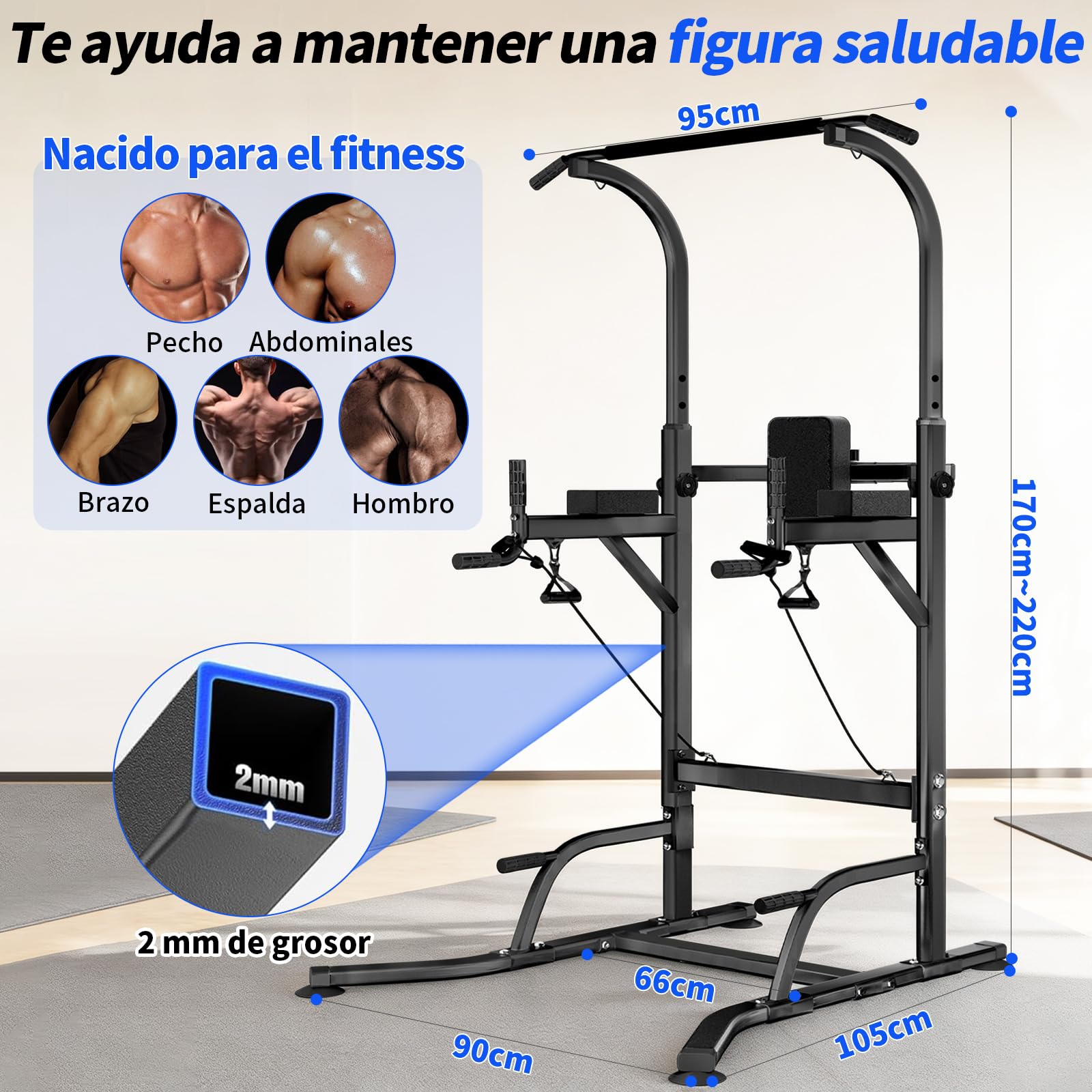 Power Tower Maquina Dominadas Ajustable en Altura en casa | Multifuncional, musculación, ejercicios corporales, estable y resistente, montaje rápido, ahorro de espacio
