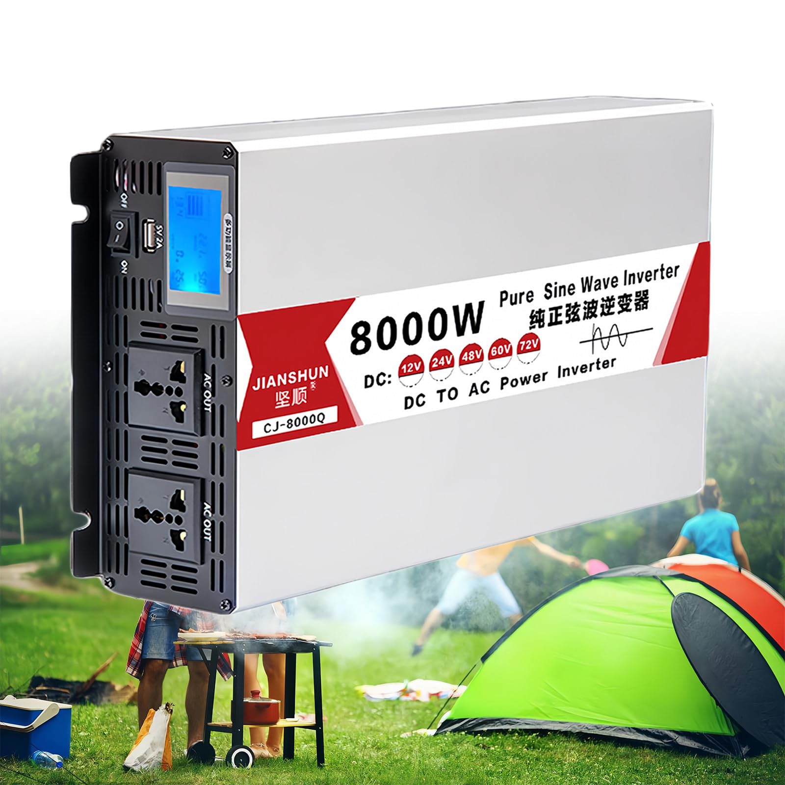 4000W 5000W 6000W 8000W Pure Sine Wave Inverter, 12V 24V 48V 60V to 120V 230V Vehicle Power Converter Car Adapter Continuous Input, with USB Ports, Off-Grid Solar Power Inverter,8000W-12V