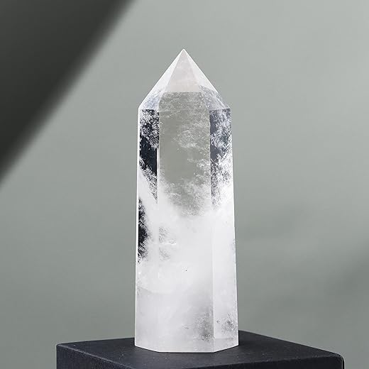 Runyangshi Large Clear Quartz Healing Crystal Wand 4.72"-5.11" Crystal Tower 6 Faceted Single Point Crystal Prism Wand Natural Quartz Stones for Meditation Reiki Chakra Therapy Home Decor Gift