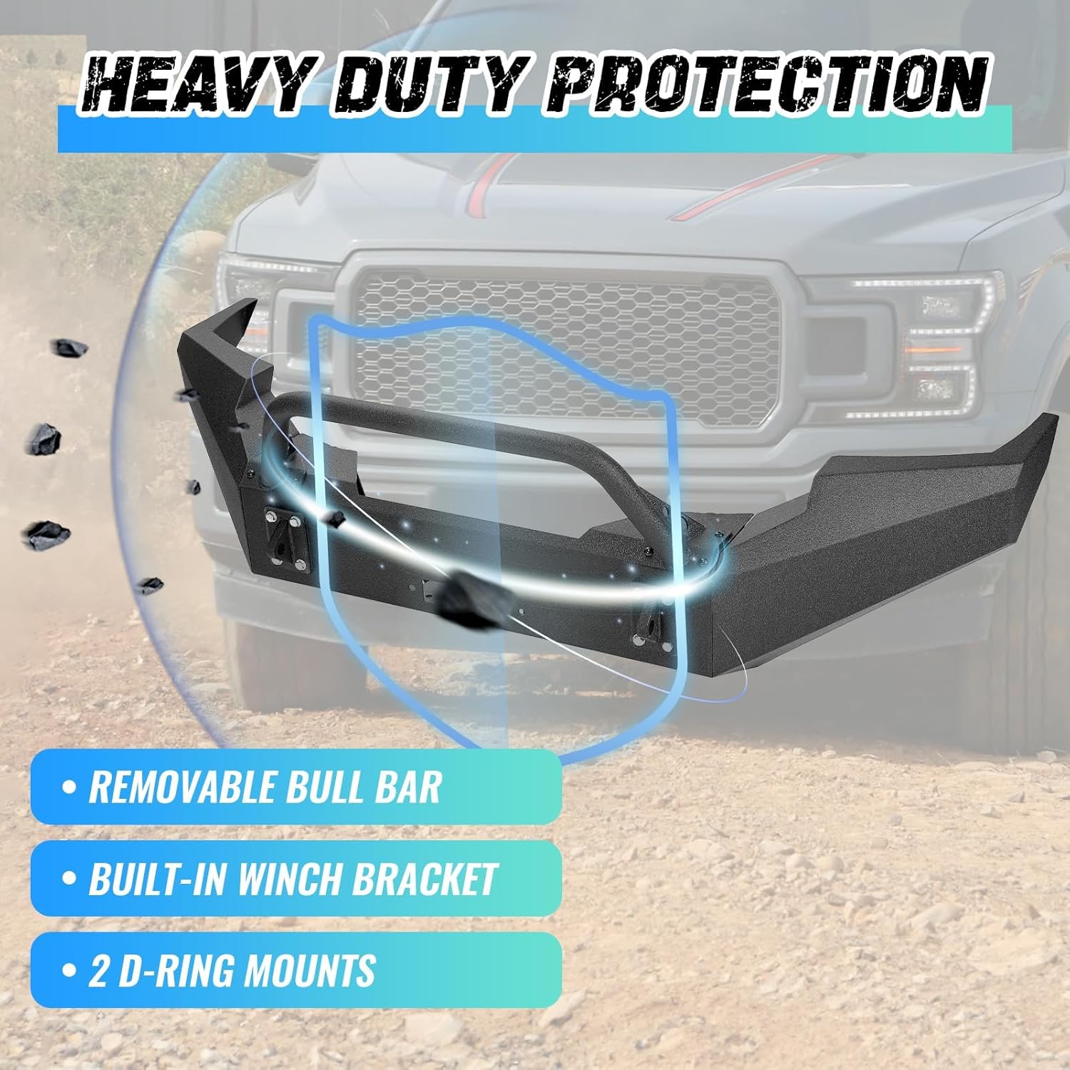 ‎KUAFU Front Bumper Assembly Compatible with 1999-2004 Ford F250 F350 F-250 F-350 Super Duty Steel Powder Coated w/Winch Plate Two Packages