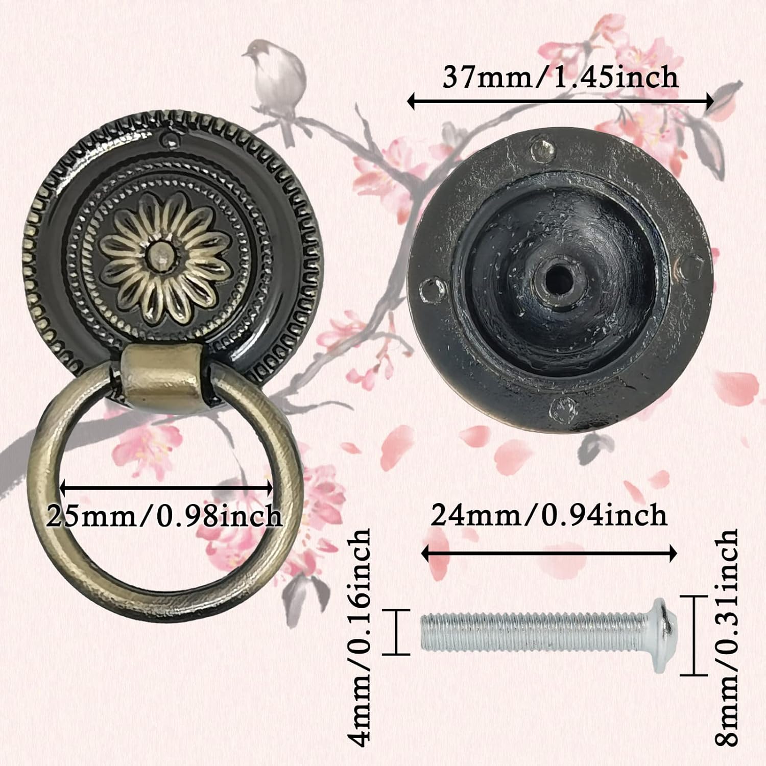 4pcs 37mm/1.5'' Bronze Antique Cabinet Knobs Pulls, Flower Shape Drawer Ring Pulls Handle with Screws for Drawer Dresser Wardrobe Kitchen Cupboard(8019,Small Size)