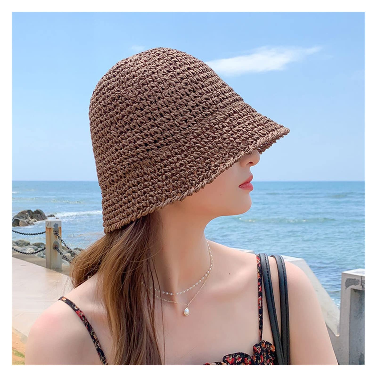 Chapeau de paille été femme pliable : capeline Panama évidée et respirante grand bord