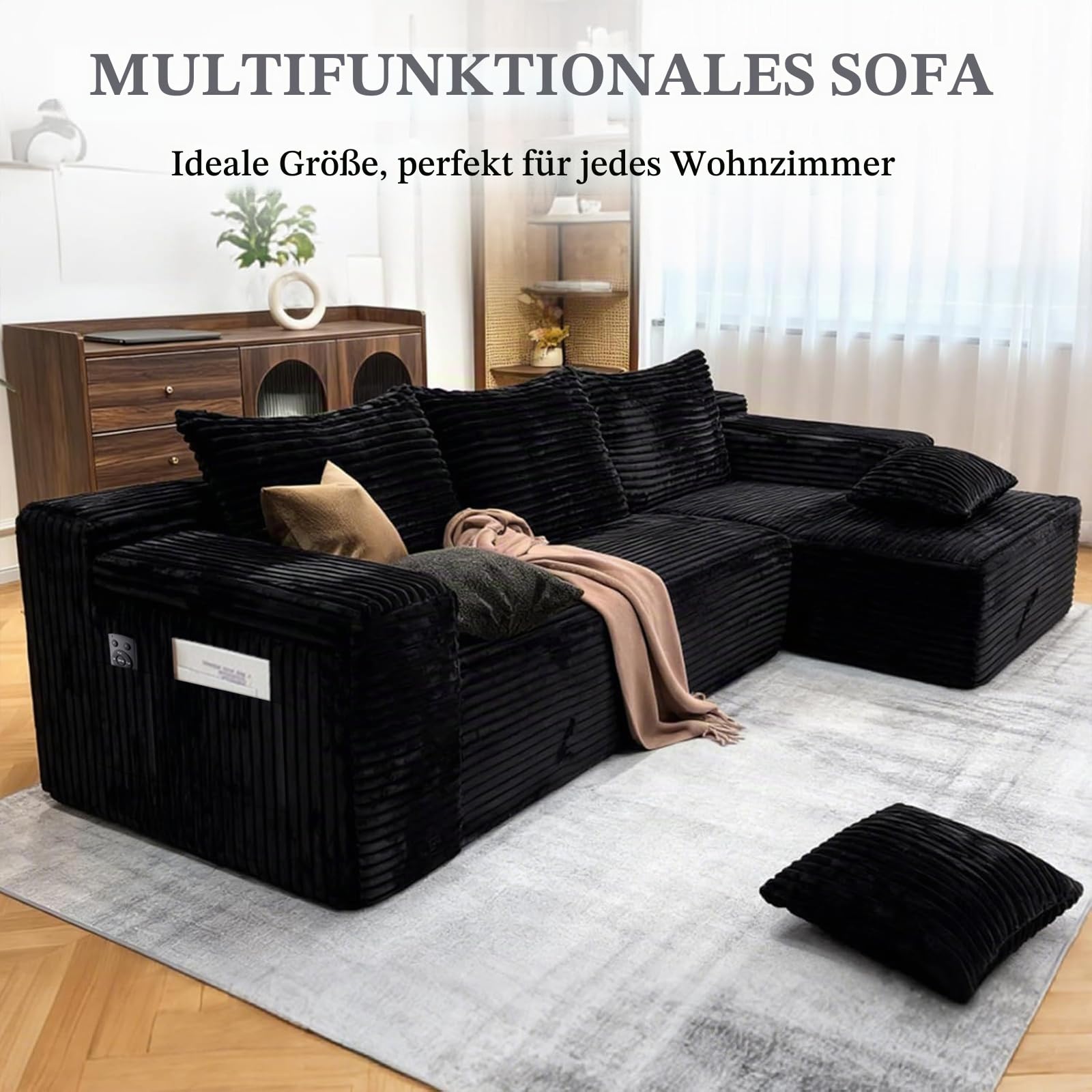 275cm Ecksofa mit Schlaffunktion, L-Form Schlafsofa 3-Sitzer mit Ottomane Links oder Rechts, Relaxsofa für Wohnzimmer, freistehend, Keine Montage