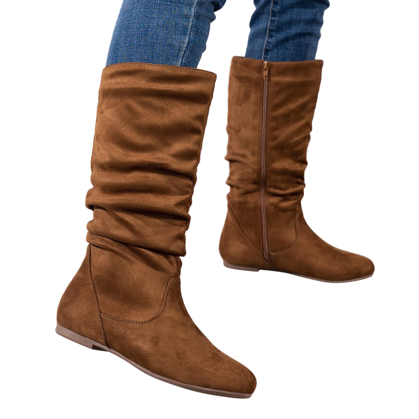 Wildleder Stiefel Damen Braun Halbhoher Stiefel, Flach Rutschfest Winterstiefel FüR Frauen Freizeitstiefel, Seitlicher ReißVerschluss Einfarbig Kniehohe Klassisch Schlupfstiefel