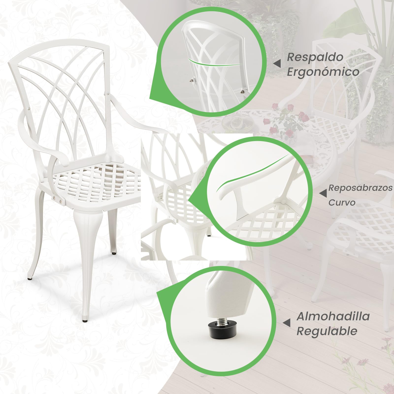 GIANTEX Conjunto de Mesa de Jardín 5 Piezas, Silla de Hierro Fundido de Aluminio, Mesa Bistro para 4 Personas, Agujero de Sombrilla Dia. 5 cm, para Terraza, Balcón