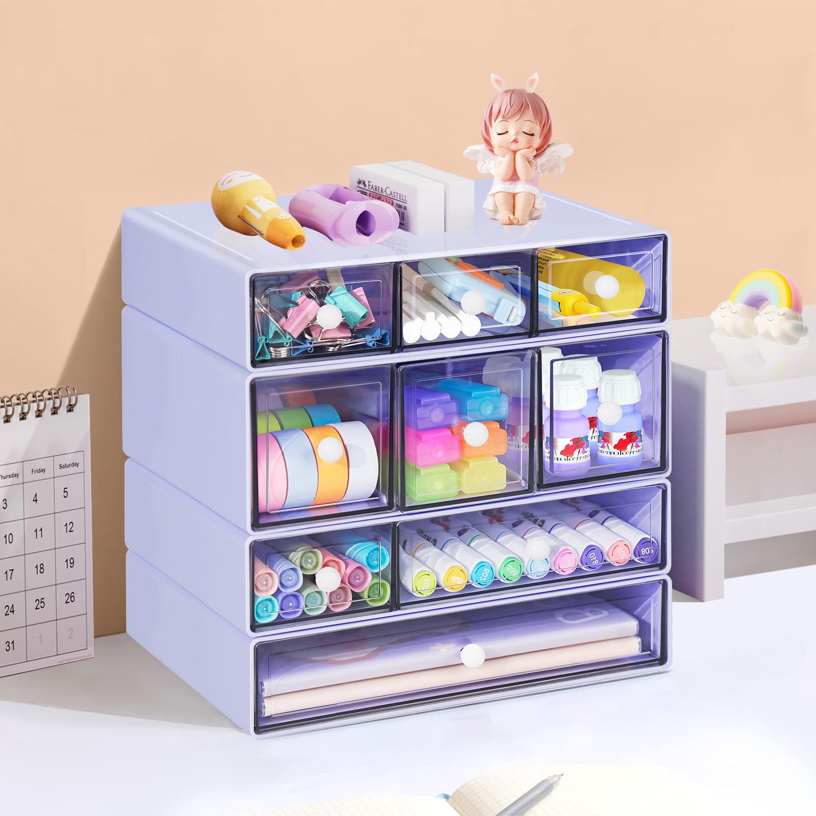 FODIENS - Organizer da scrivania con 9 cassetti, 4 ripiani, impilabili, per oggetti di cancelleria, trucchi, gioielli, ufficio, artigianato, colore: viola