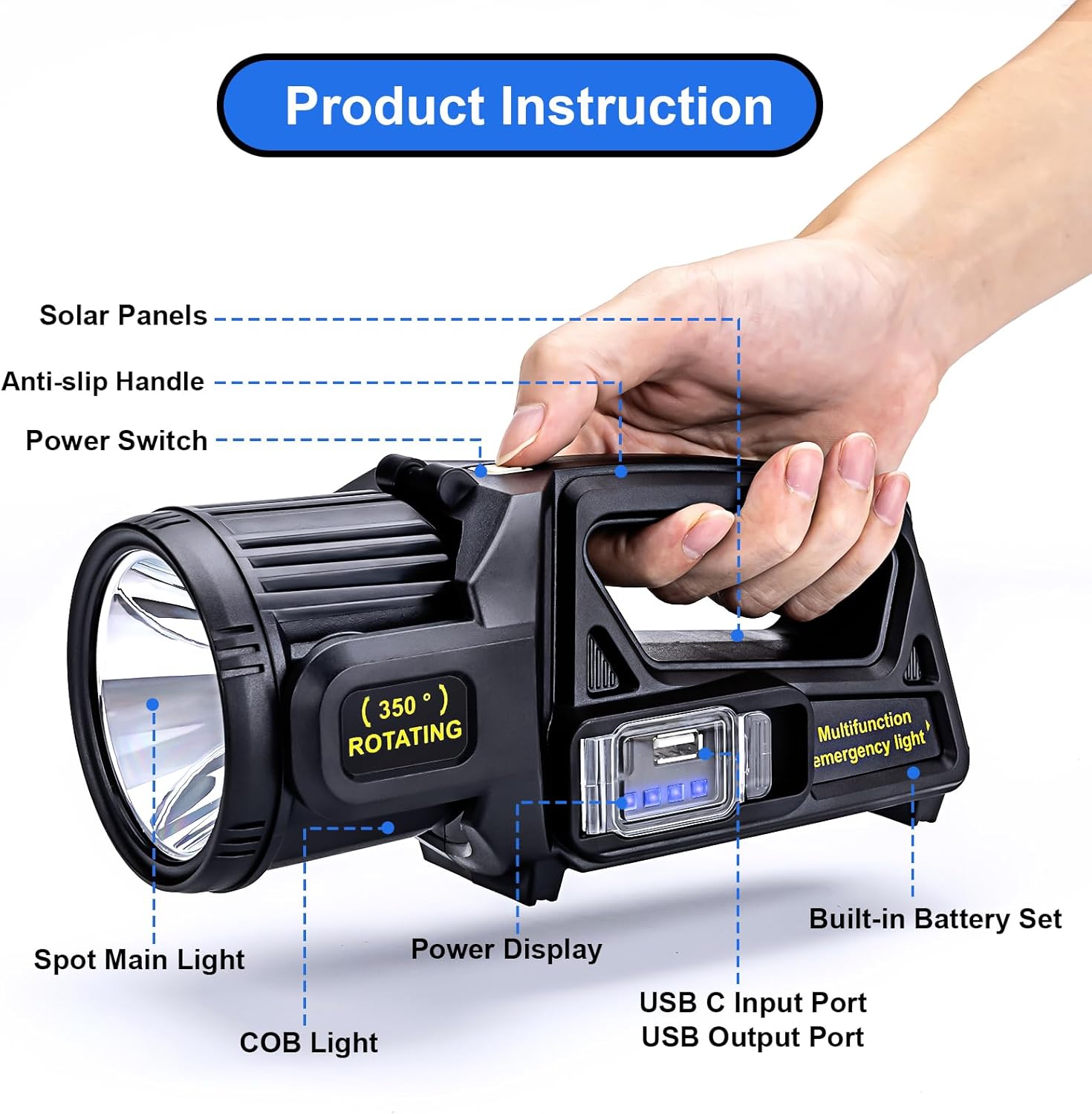 Spotlight Rechargeable Flashlight High Lumen 2,000,000L, 9 Modes 350° Rotatable Super Bright Led Spot Lights Outdoor Handheld with Solar Powered & USB C, Long Lasting, Waterproof for Camping - Image 7