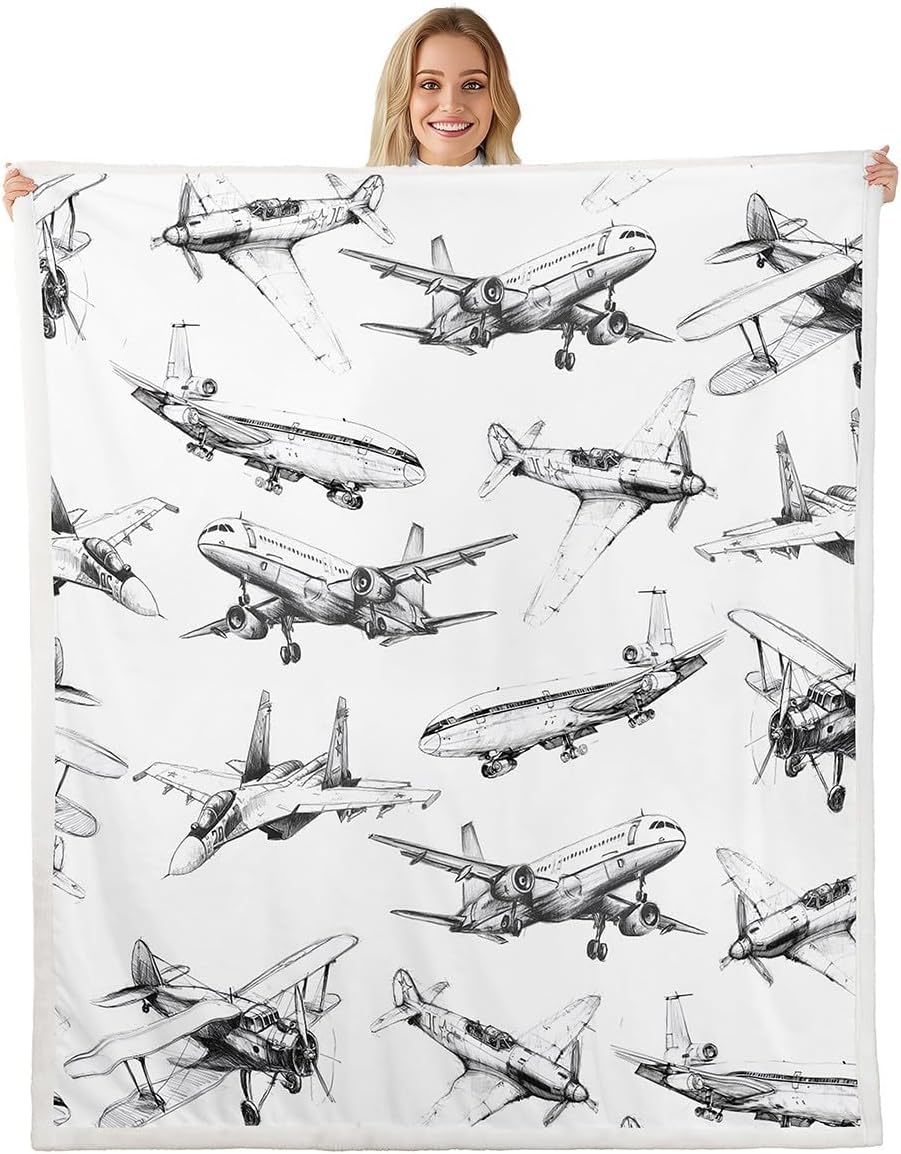 Airplane Kids Throw Blanket,American Aircraft Vintage Toddler Bed Blanket for Girls Boys Adults,Air Vehicles Air Plane Fleece Blanket,Black White Fuzzy Blanket,Throw Size (50 x 60 Inches)