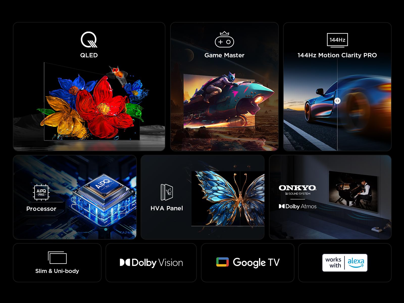 TCL 55T8C TV QLED 4K HDR Ultra HD 55", Google TV, Dolby Vision Atmos, Motion Clarity Pro 144 Hz, FreeSync, Onkyo 2.1