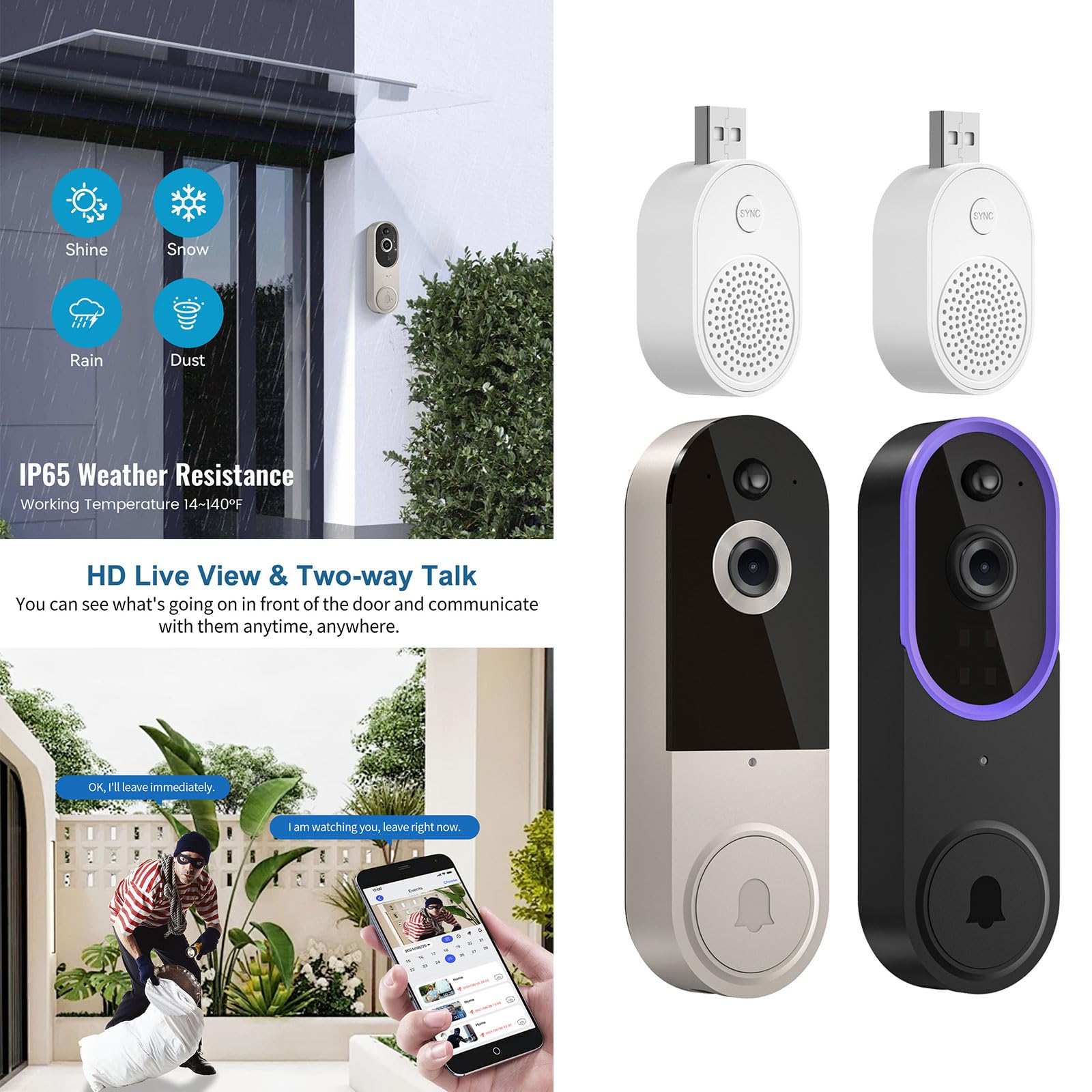 Timbre de video de visibilidad nocturna, sensores de movimiento, alertas resistentes a la intemperie, dispositivo doméstico, alertas en tiempo real, timbre de puerta