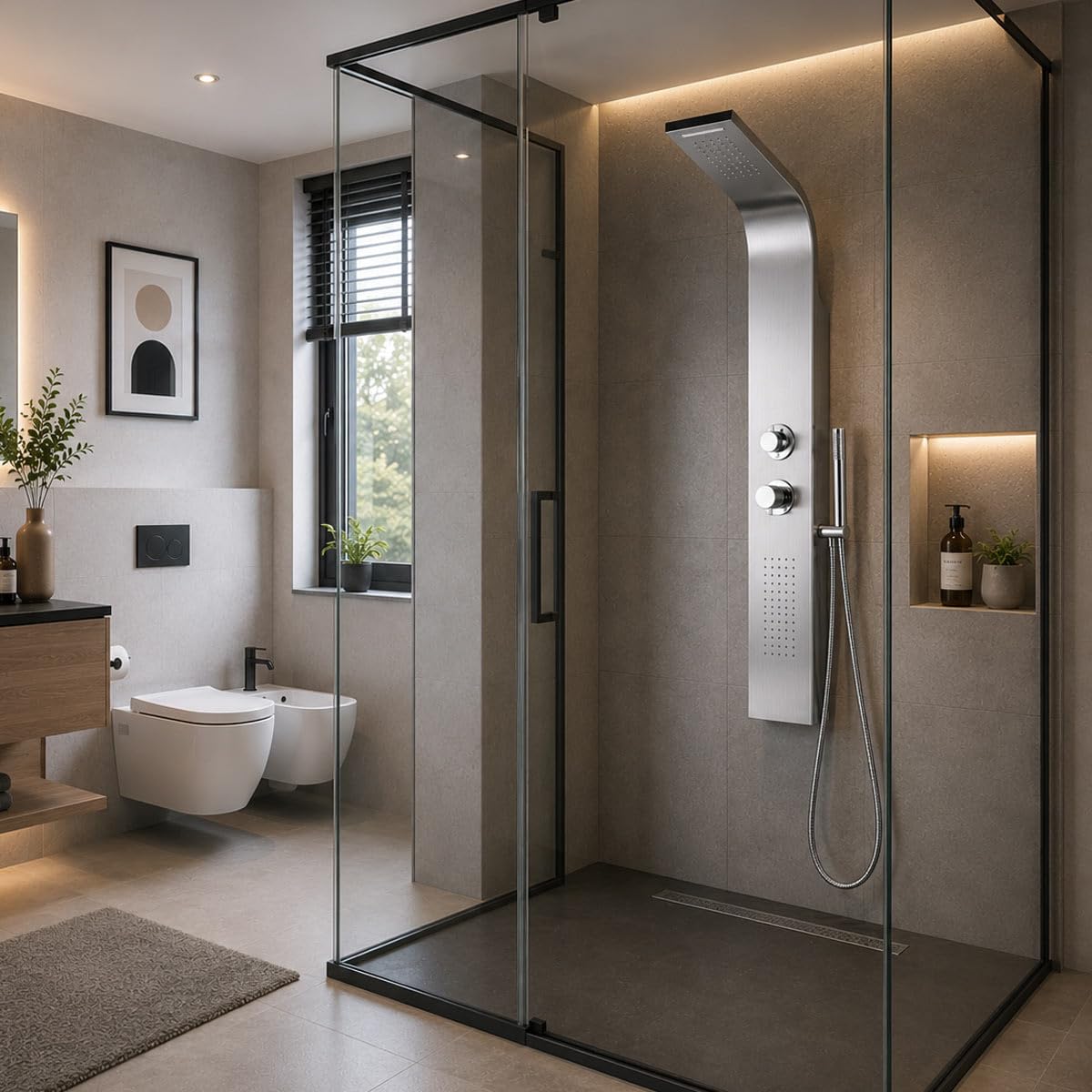 Yellowshop - Colonna Doccia Idromassaggio Desy Acciaio Spazzolato 120x21 cm, Miscelatore Meccanico, 4 Funzioni con Soffione, Cascata, Getti Idromassaggio Dorsale e Doccetta