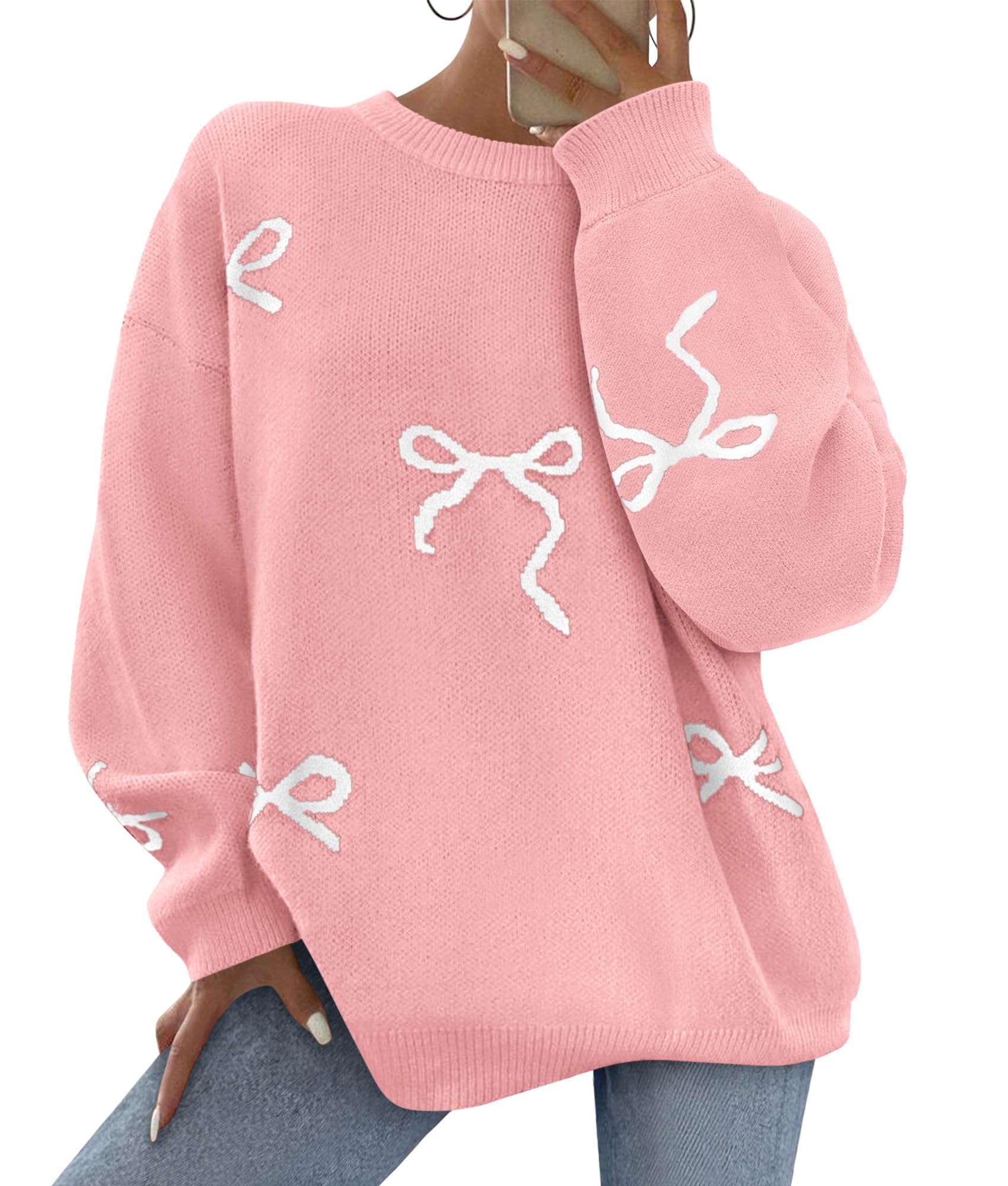 PRETTYGARDEN Fall Long Sleeve Pullover Sweaters for Women 2026 Trendy Crewneck Casual Cute Bow Chunky Knit Oversized Sweater