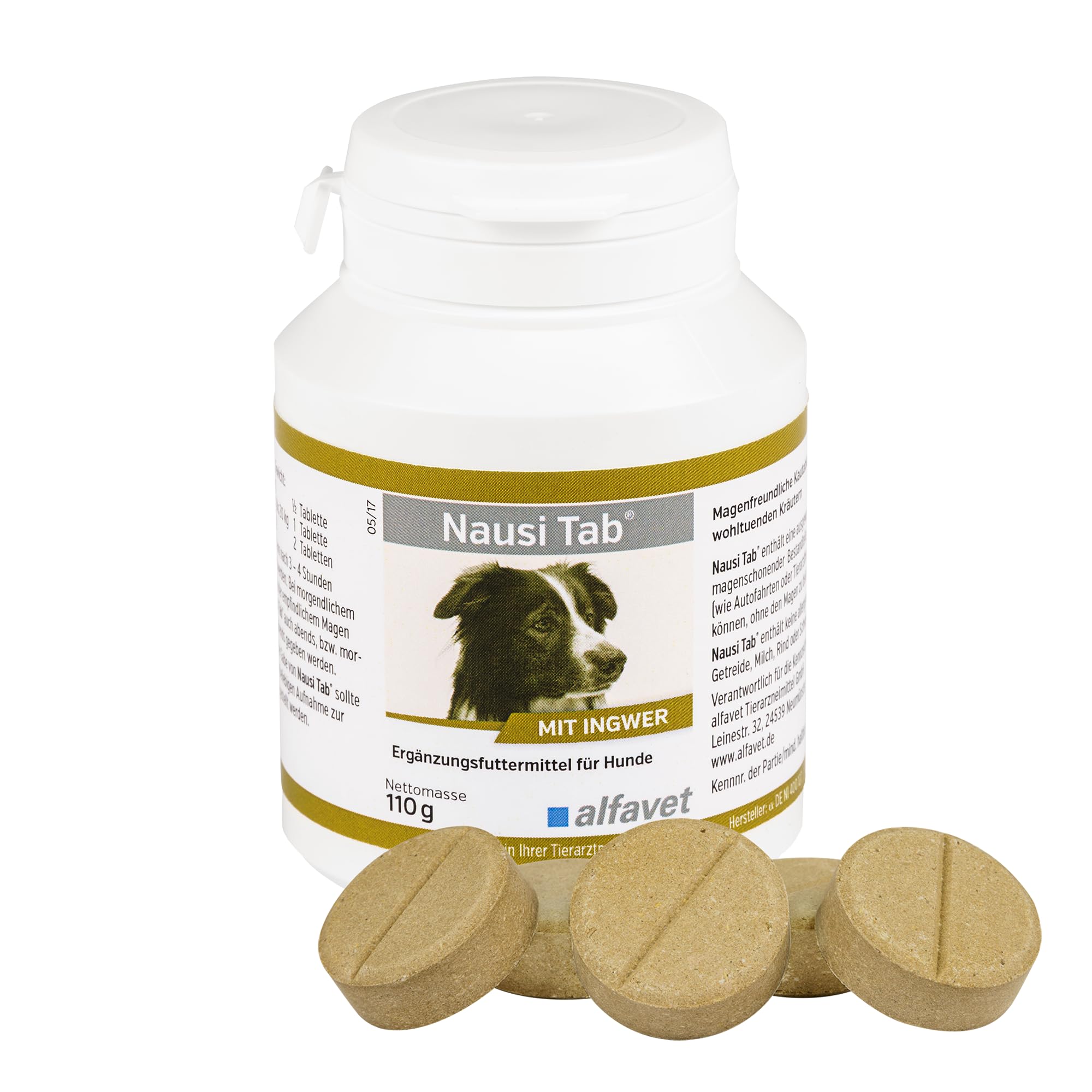 Alfavet Nausi Tab schont den Magen in Stresssituation, Kautablette mit Ingwer für Hunde, Ergänzungsfuttermittel, 110g Dose mit ca. 20 Snacks