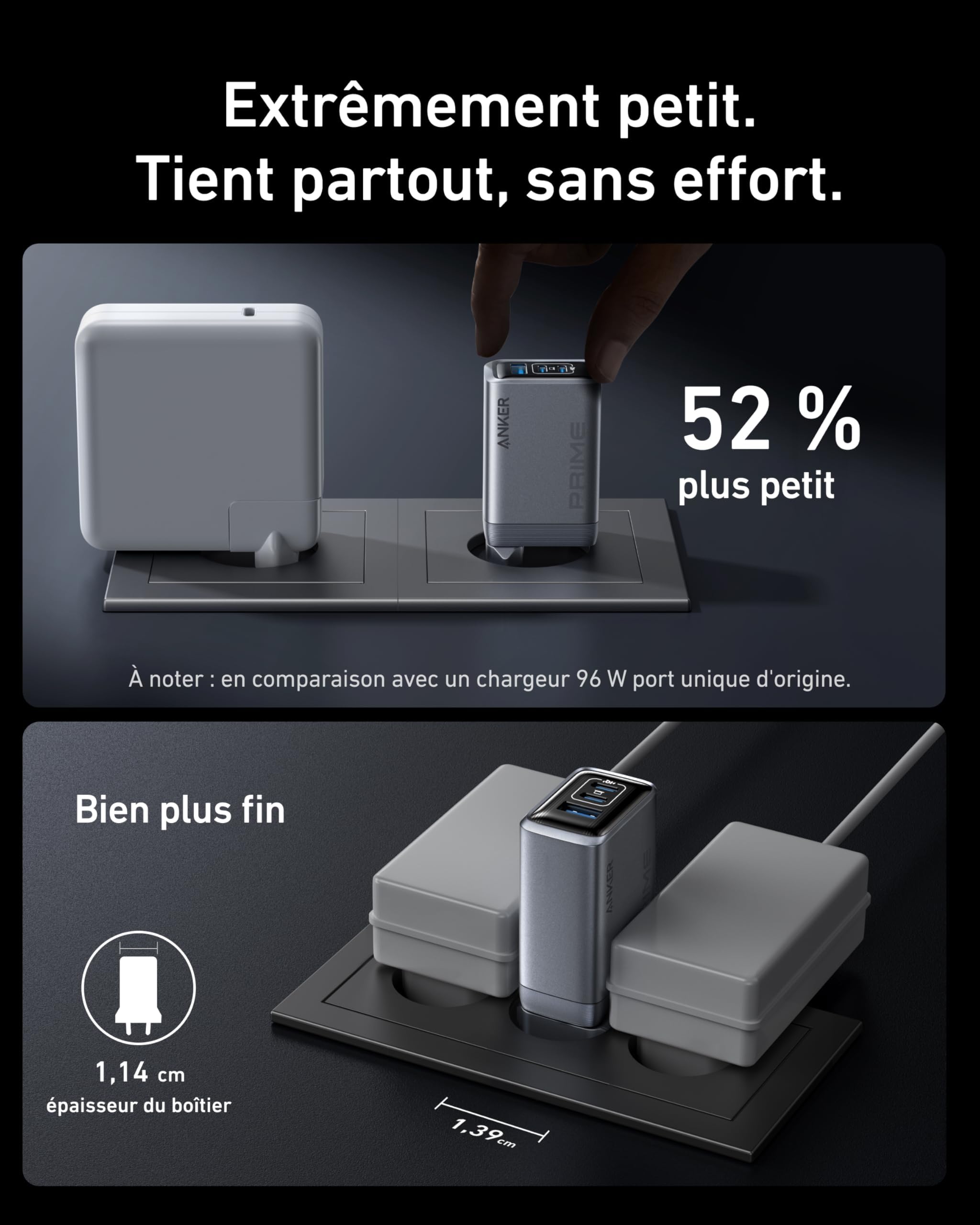 Anker Chargeur USB C 100 W Prime GaN, Chargeur Mural Anker Pliable et Compact GaN 3 Ports, pour MacBook, iPad, iPhone 16/16 Plus/16 Pro Max/15/14/13/12/11, Galaxy S24/S23, et Bien Plus Encore
