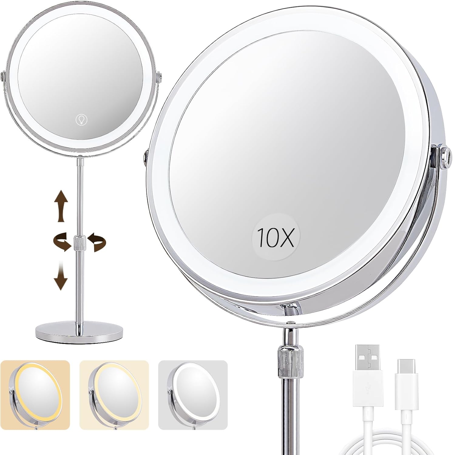 1X/10X Magnifying Makeup Mirror with Lights – 8″ Dual-Sided Vanity Mirror with 3 Color Lights for Women’s Travel Cosmetic Mirror & Gift | 3000 mAh-USB Rechargeable | 360° Rotation | Adjustable Height