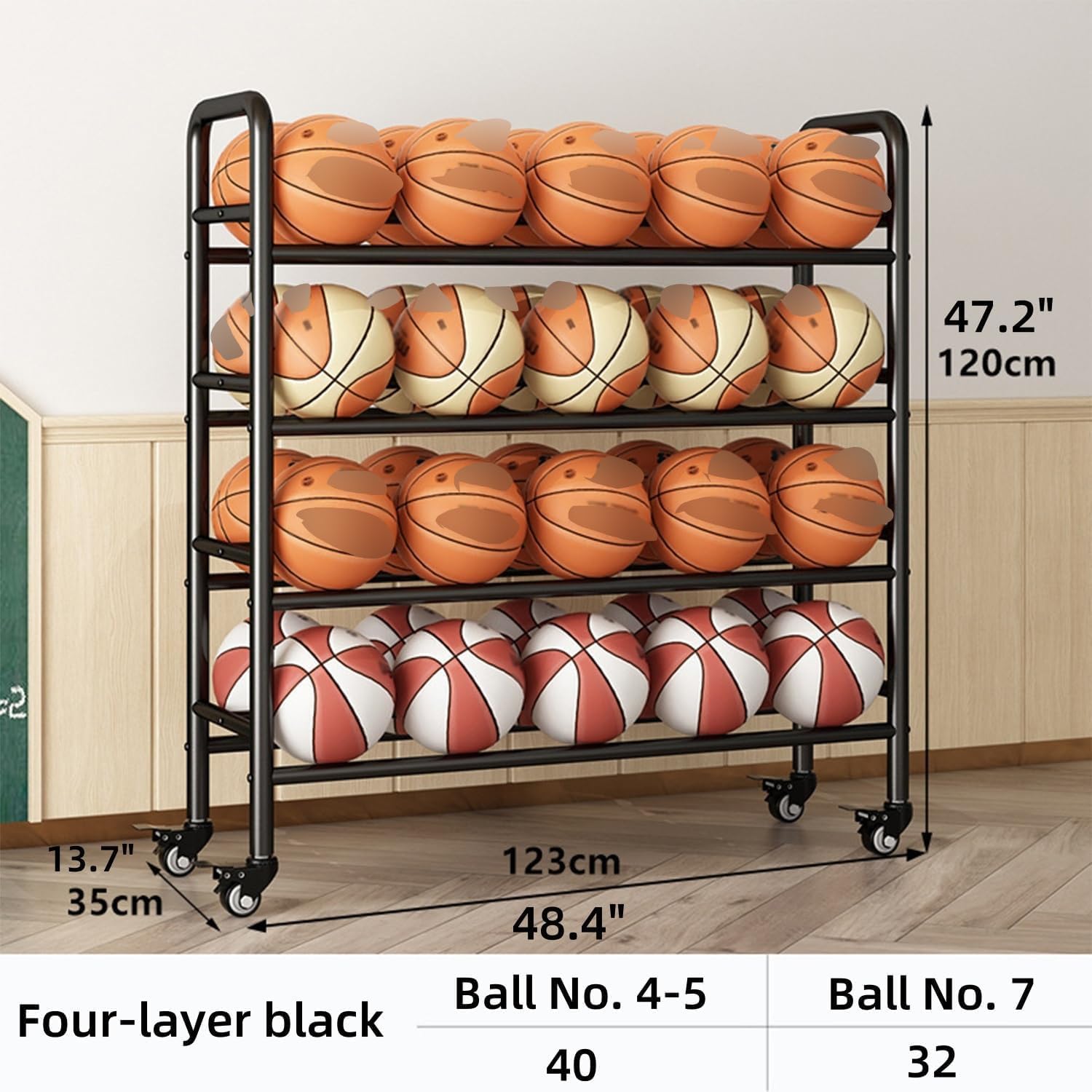 Basketball Rack - 4 Tier Rolling Training Stand for Sports Equipment Storage with Wheels, Perfect for Training Rooms, Clubs, and School PE Classes