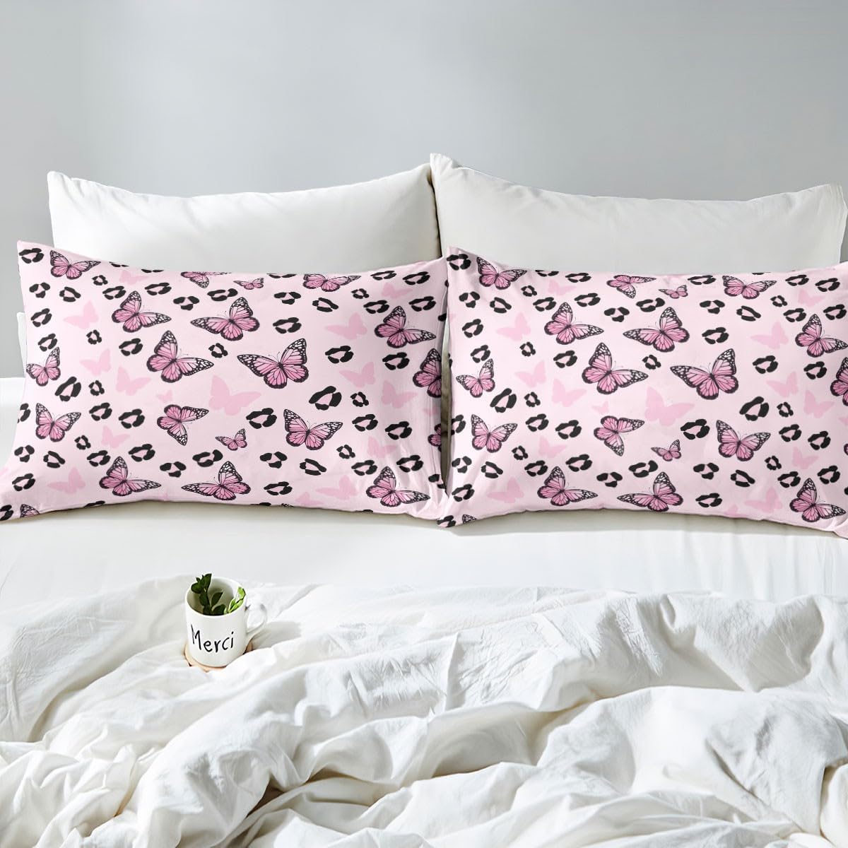 Castle Fairy Pink Butterfly Bedding Set Modern Leopard Print Comforter Cover Girly Butterflies Duvet Cover Boys Girls Room Decor Soft Polyester Toddler Bedding Collection 2Pcs,No Comforter