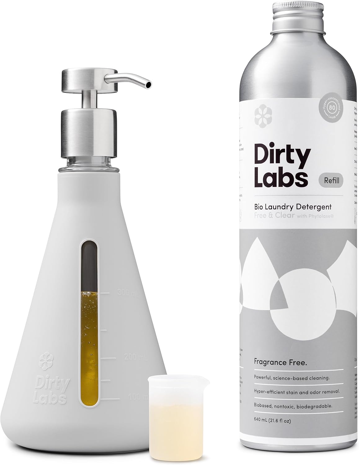 Dirty Labs | Bio-Liquid Laundry Detergent Refill & Pump Set | Free & Clear | 80 Loads (21.6 fl oz) & Pump | Hyper-Concentrated | High Efficiency & Standard Machine Washing | Nontoxic, Biodegradable